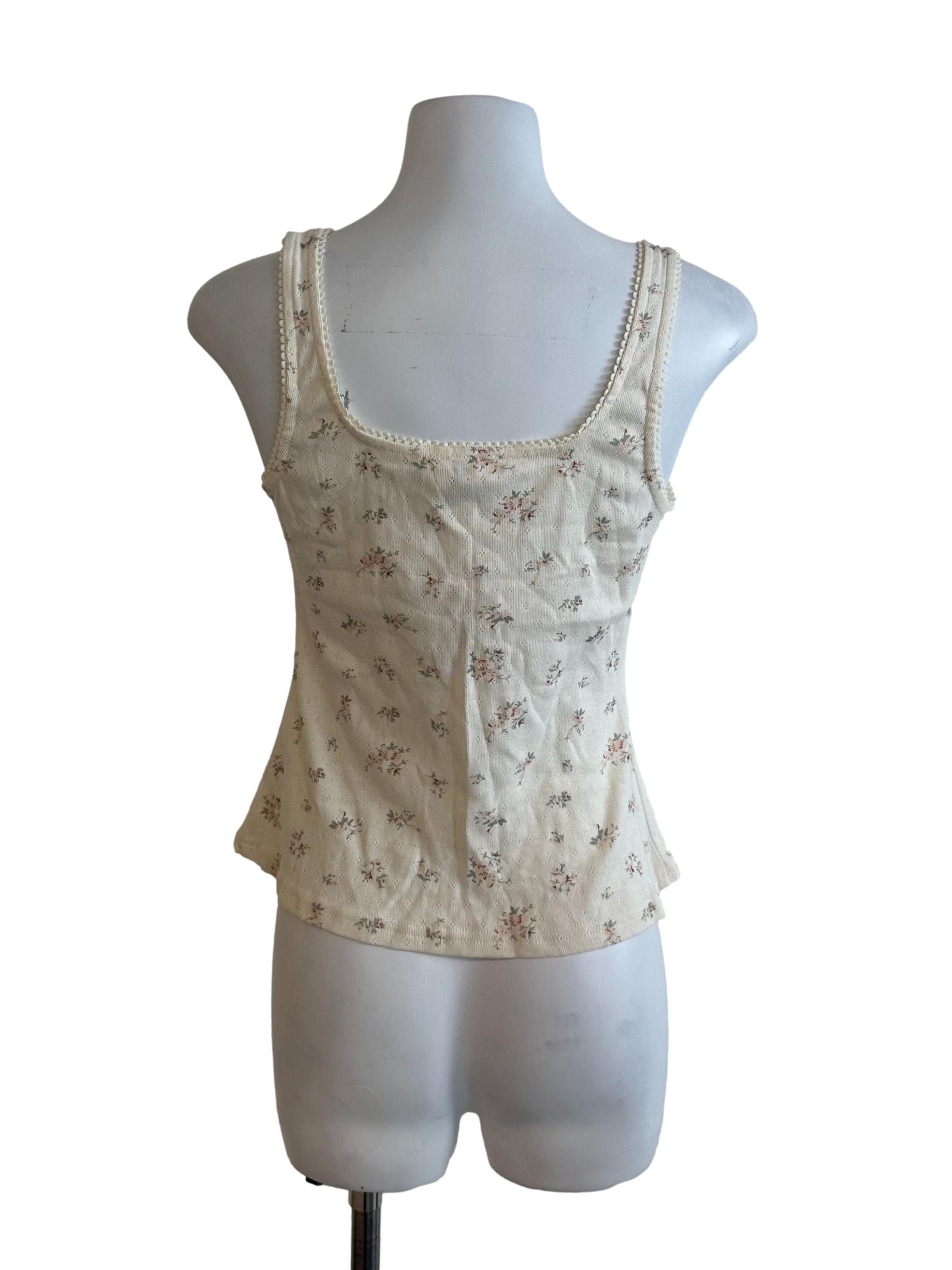 Cream White Floral Button Top