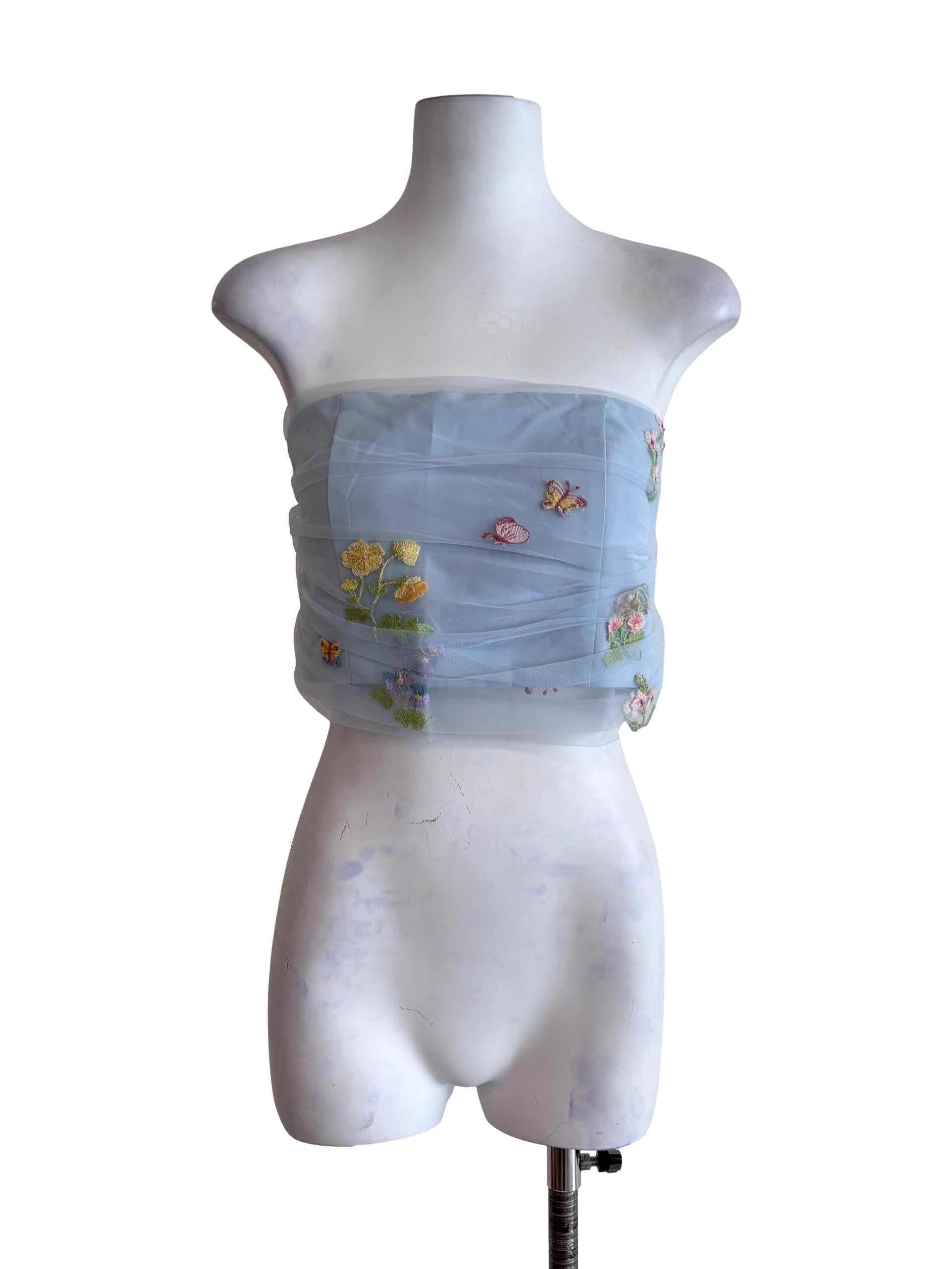 Blue Lareen Embroidery Mesh Tube Padded Top