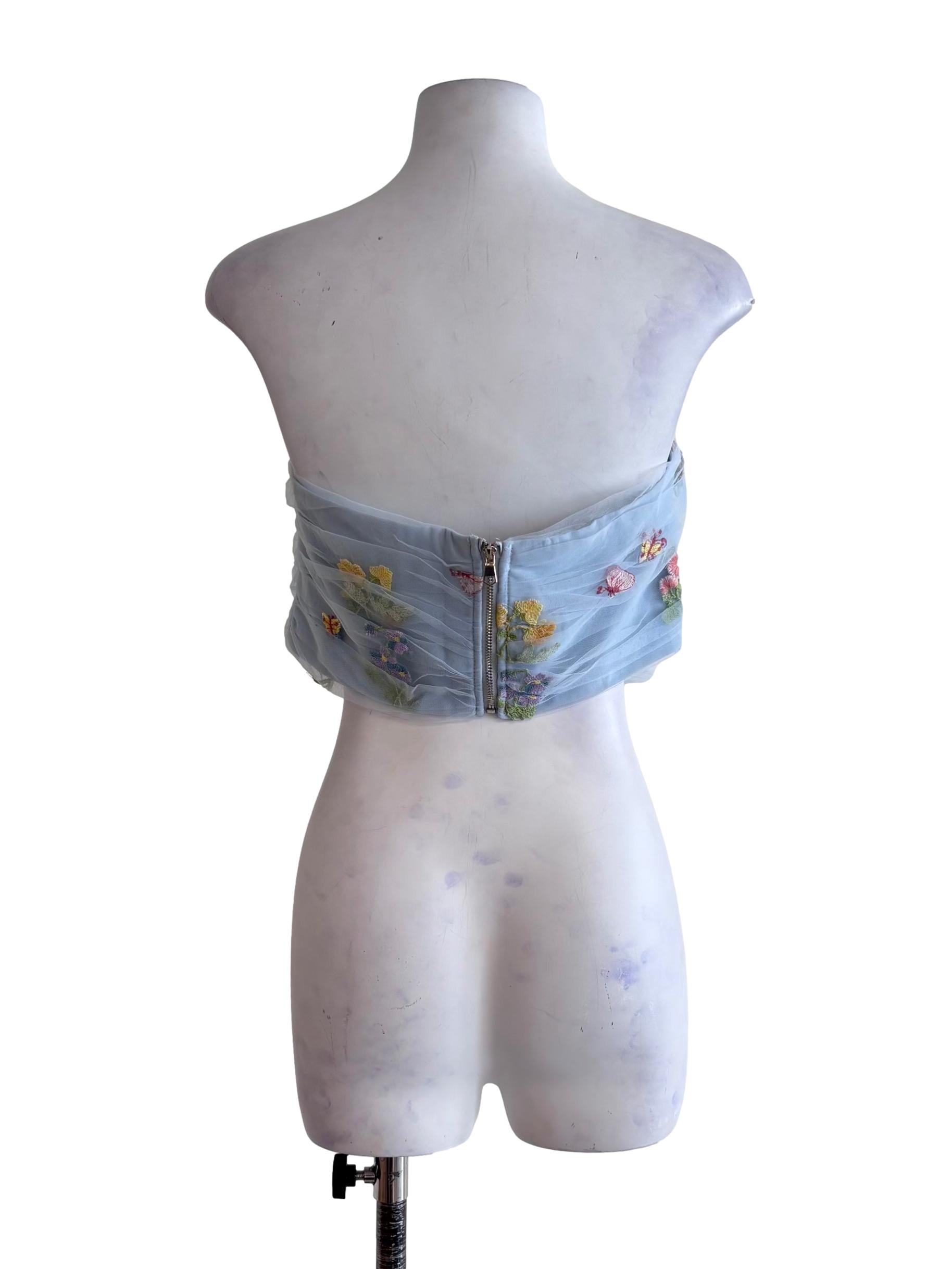 Blue Lareen Embroidery Mesh Tube Padded Top