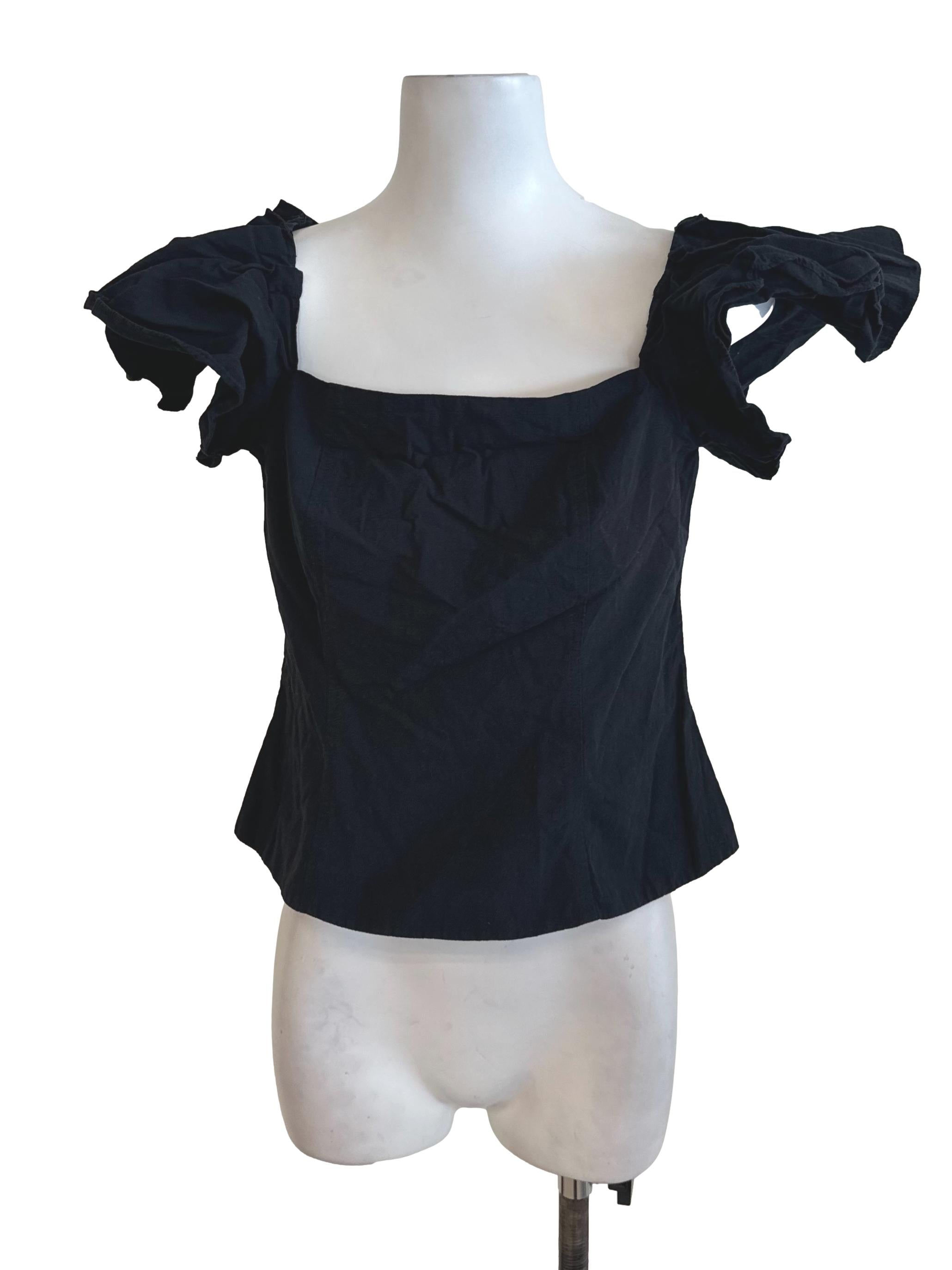 Black Square Neck Ruffle Sleeve Top