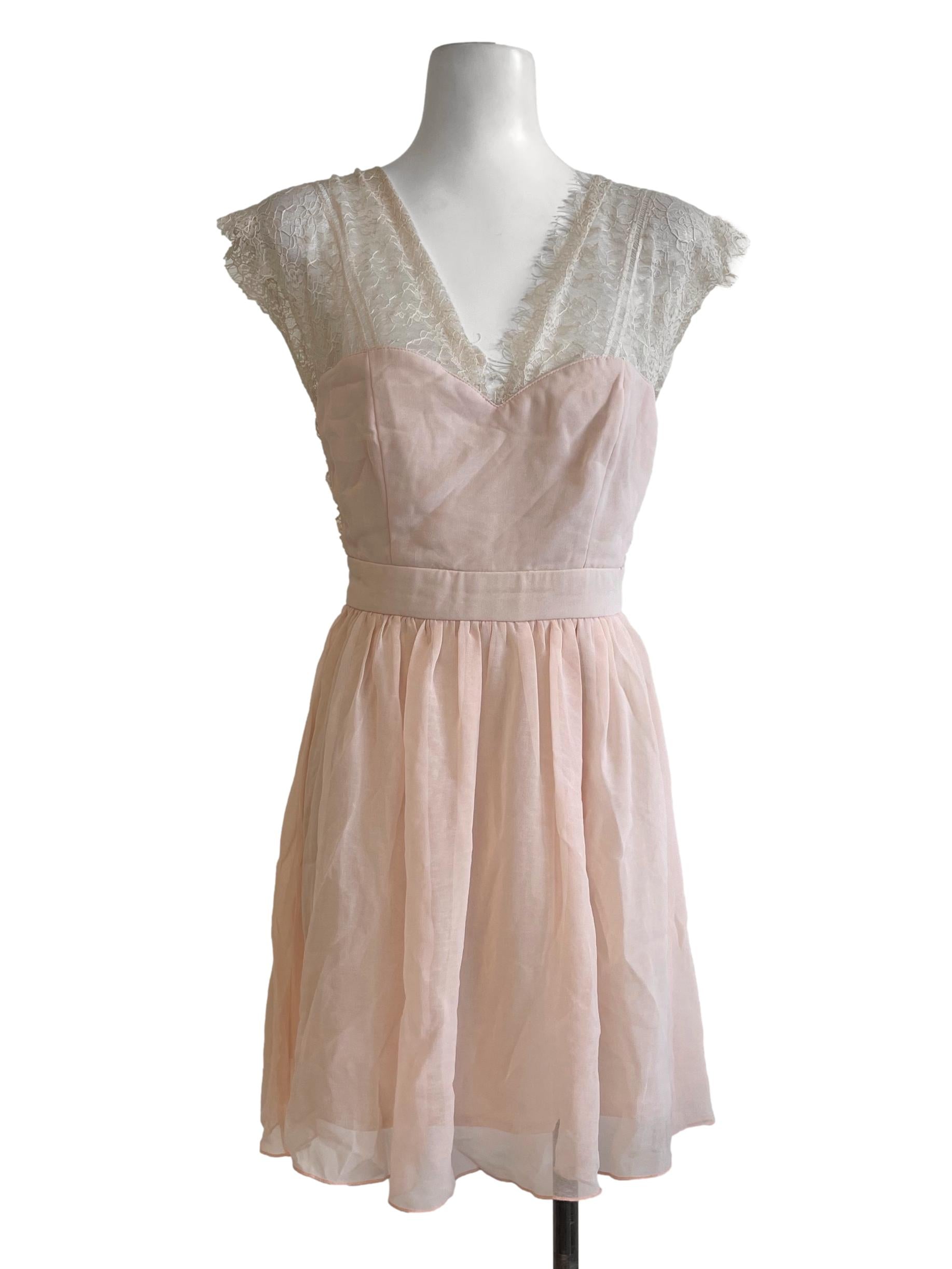 Peach Lace Sleeves Mini Dress