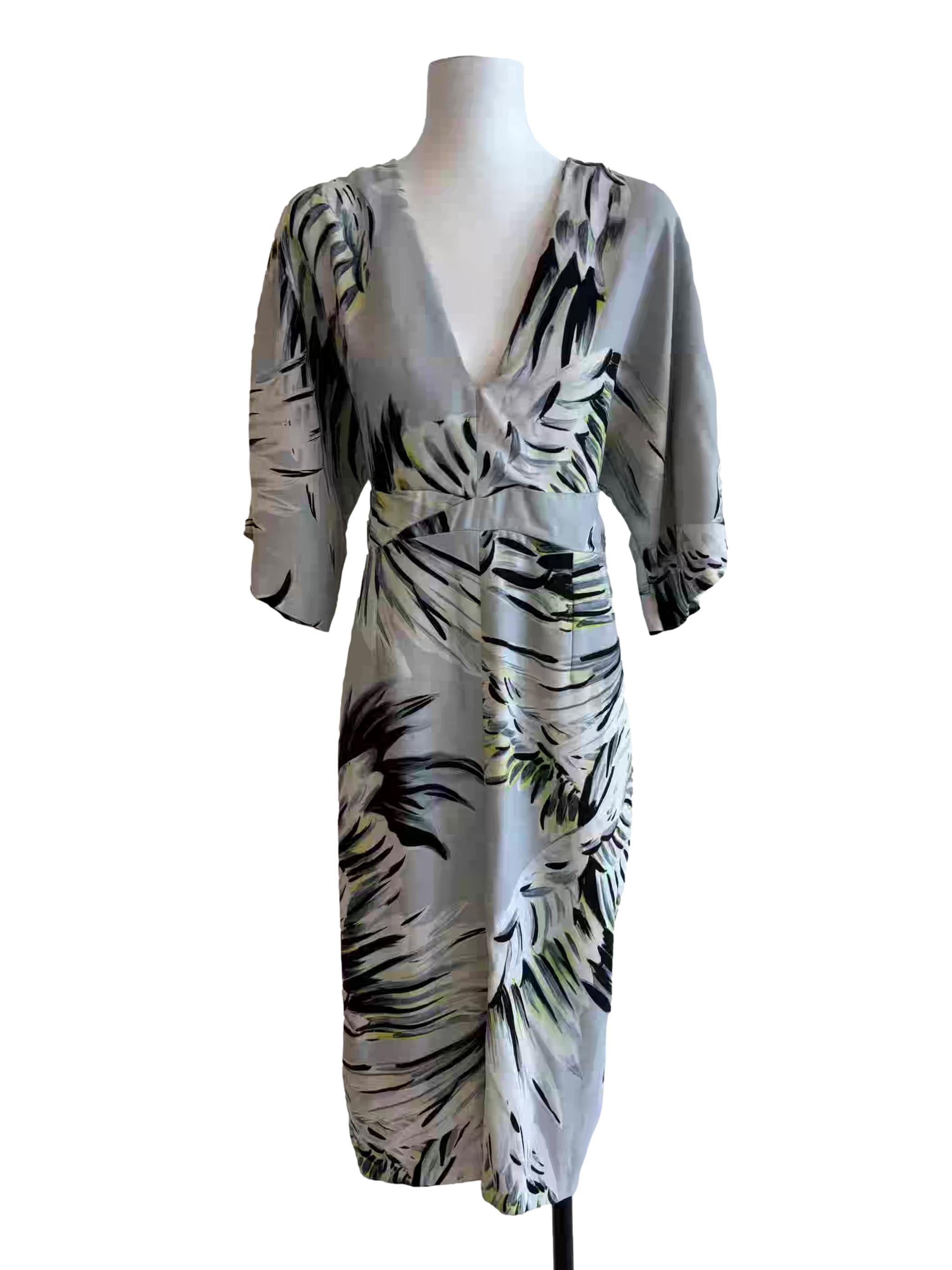Light Grey Leaf Print Plunge Neck Dress