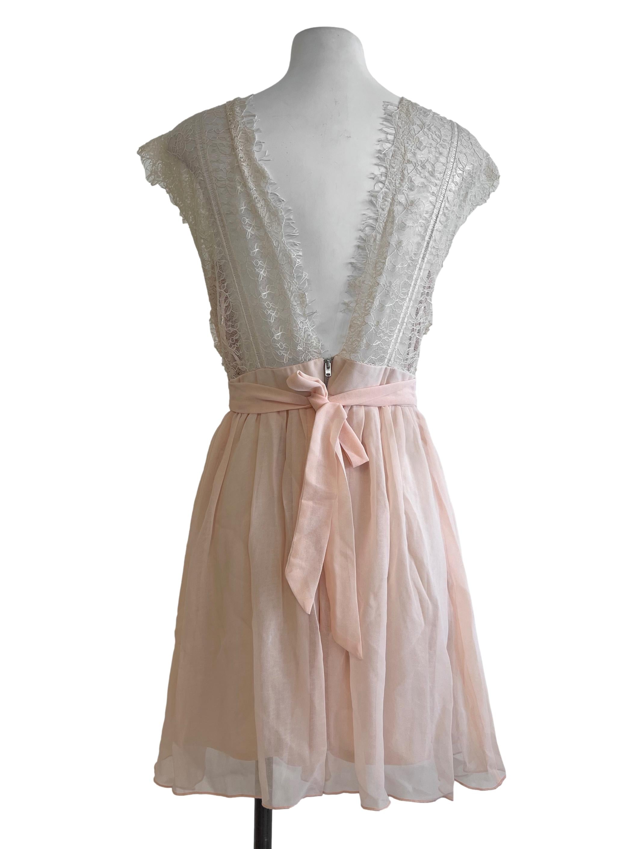 Peach Lace Sleeves Mini Dress