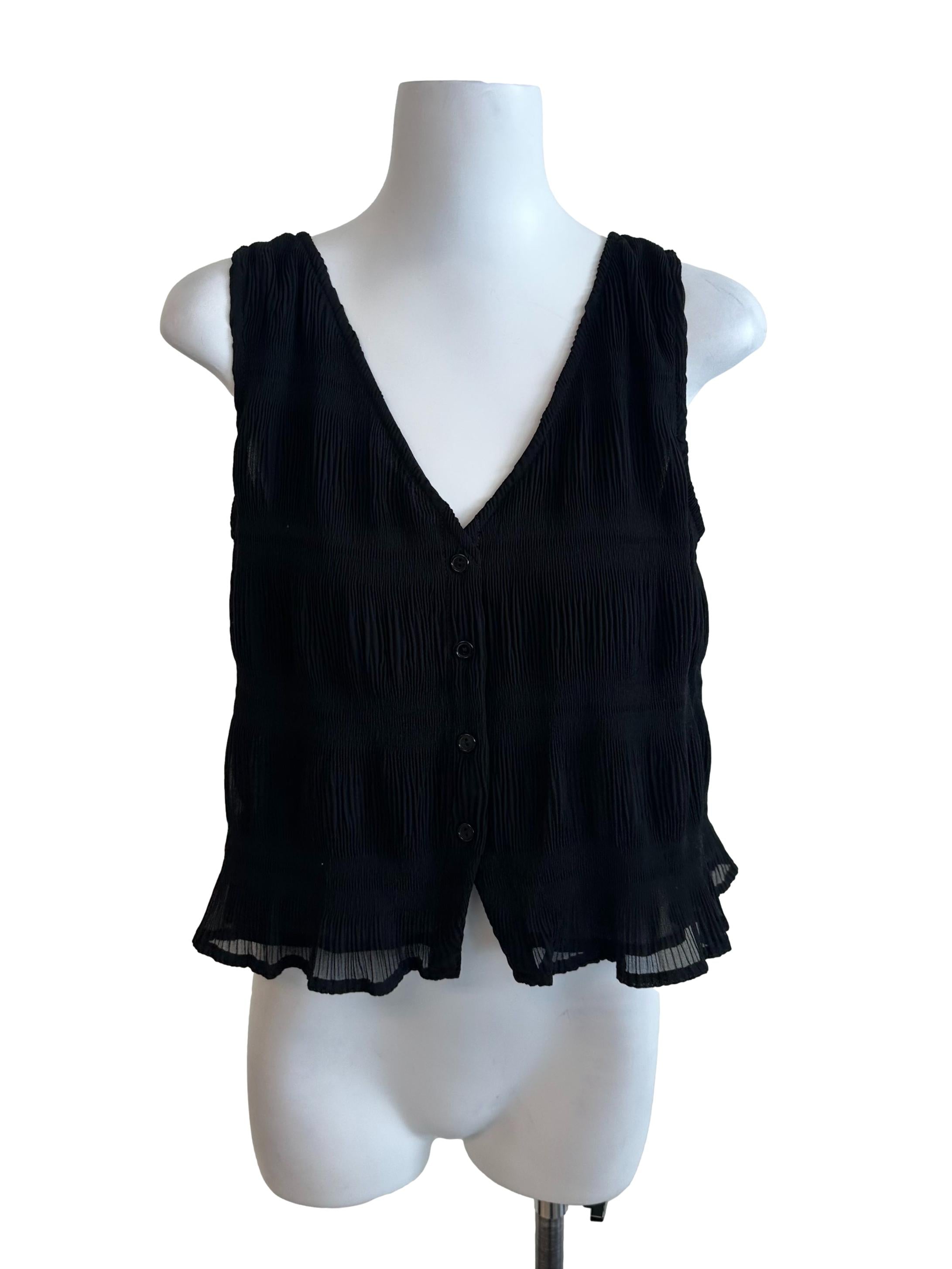 Rich Black V Neck Pleated Top