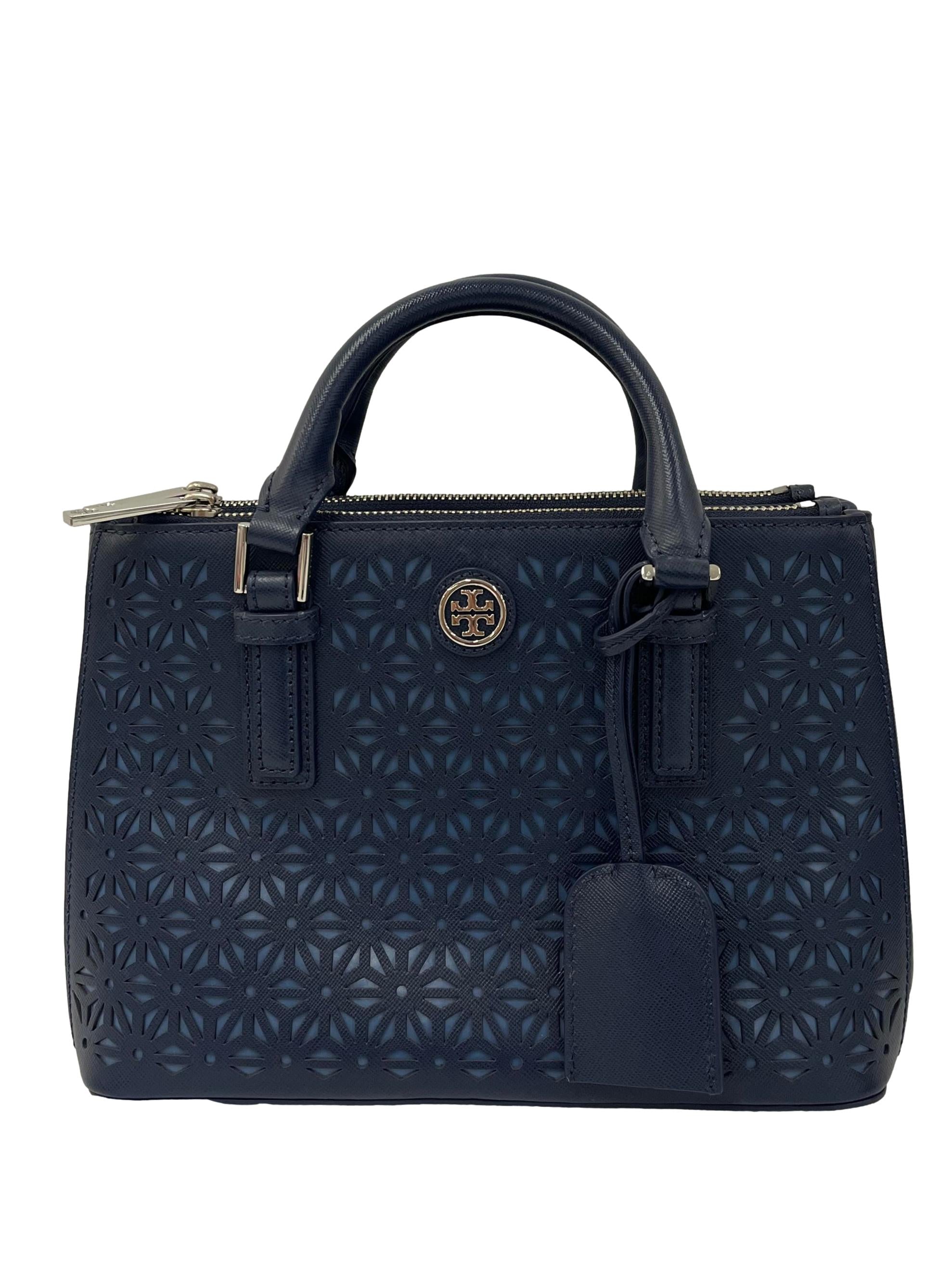Blue Leather Floral Perforated Shoulder Bag