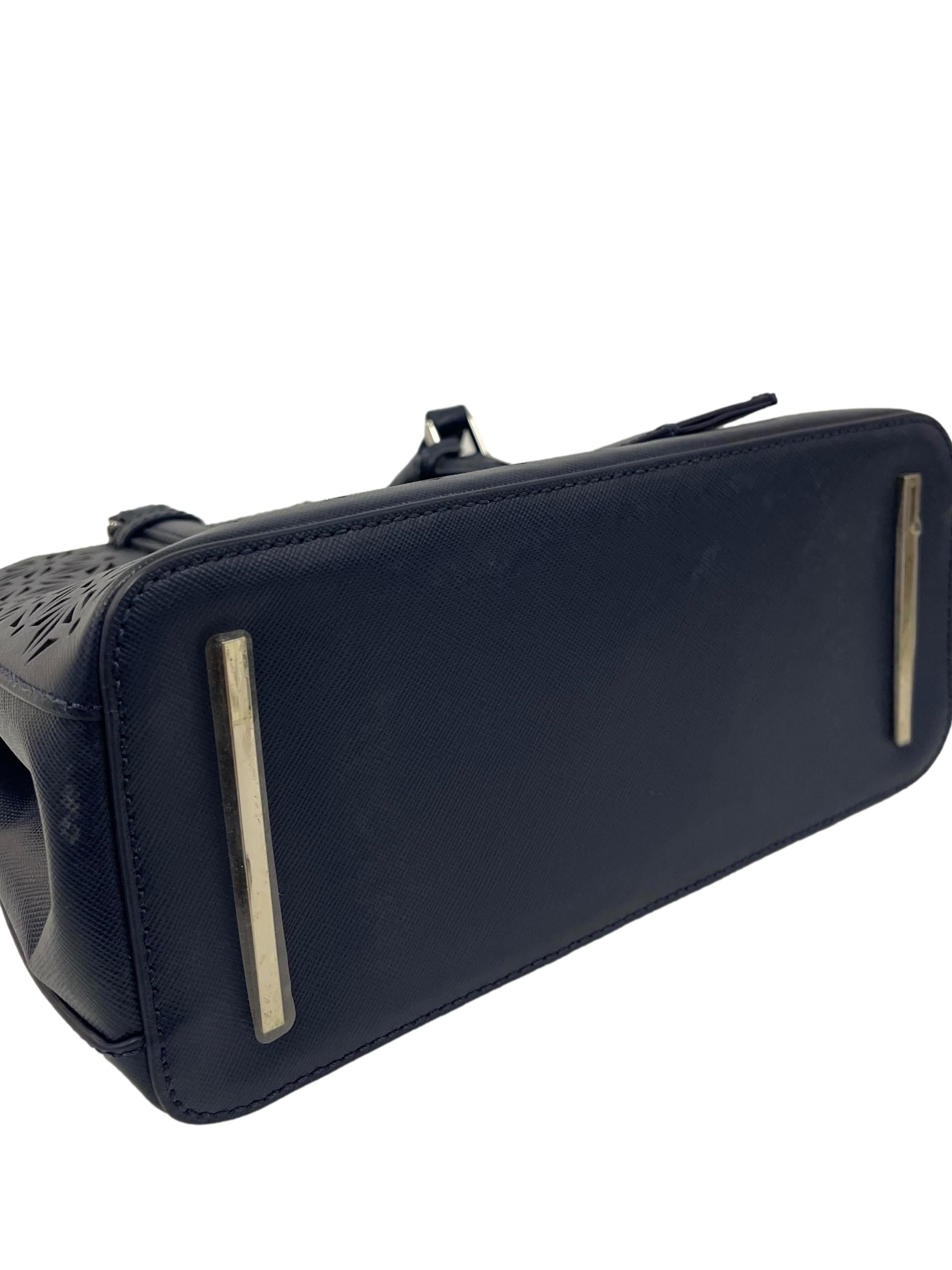 Blue Leather Floral Perforated Shoulder Bag