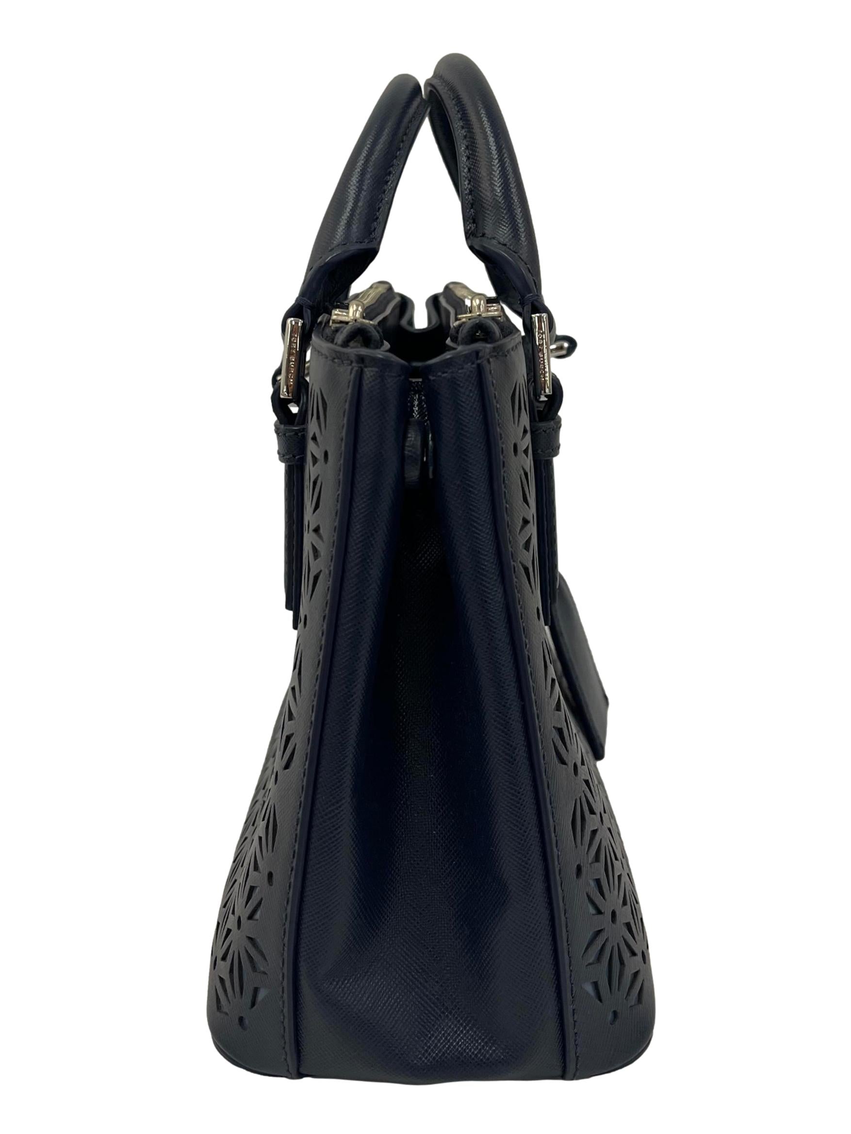 Blue Leather Floral Perforated Shoulder Bag