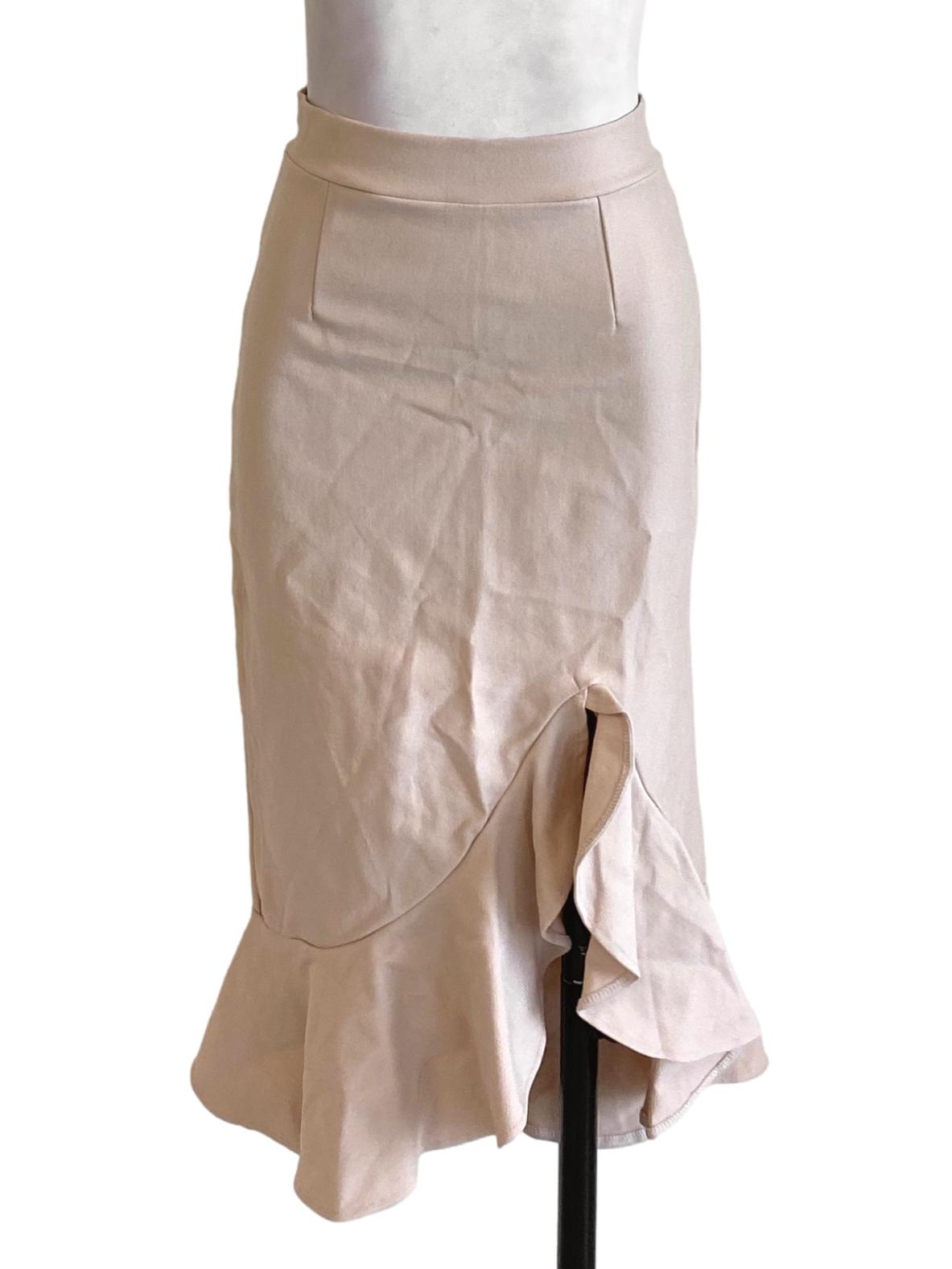 Beige Brown Ruffle End Pencil Slit Skirt
