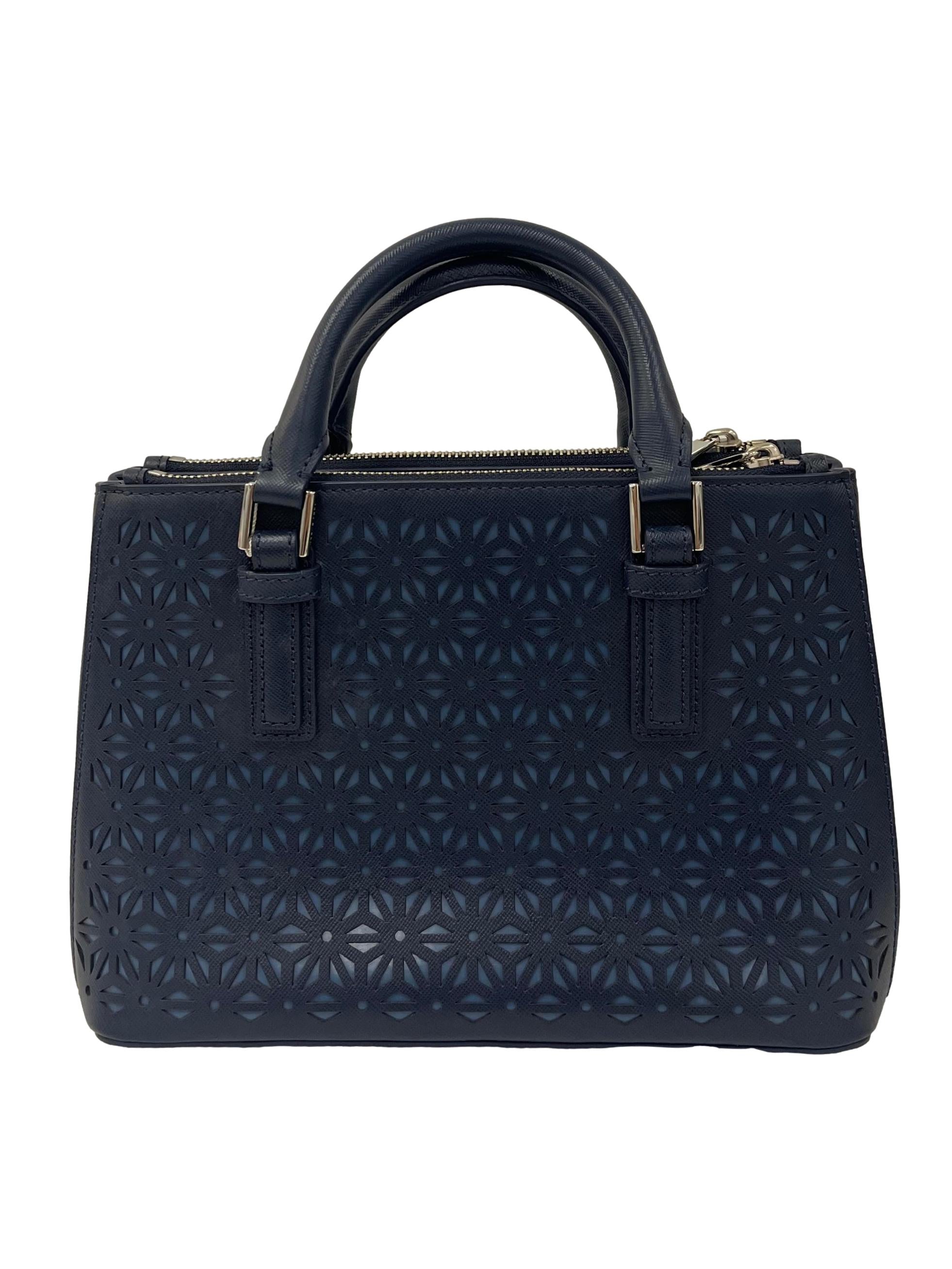 Blue Leather Floral Perforated Shoulder Bag