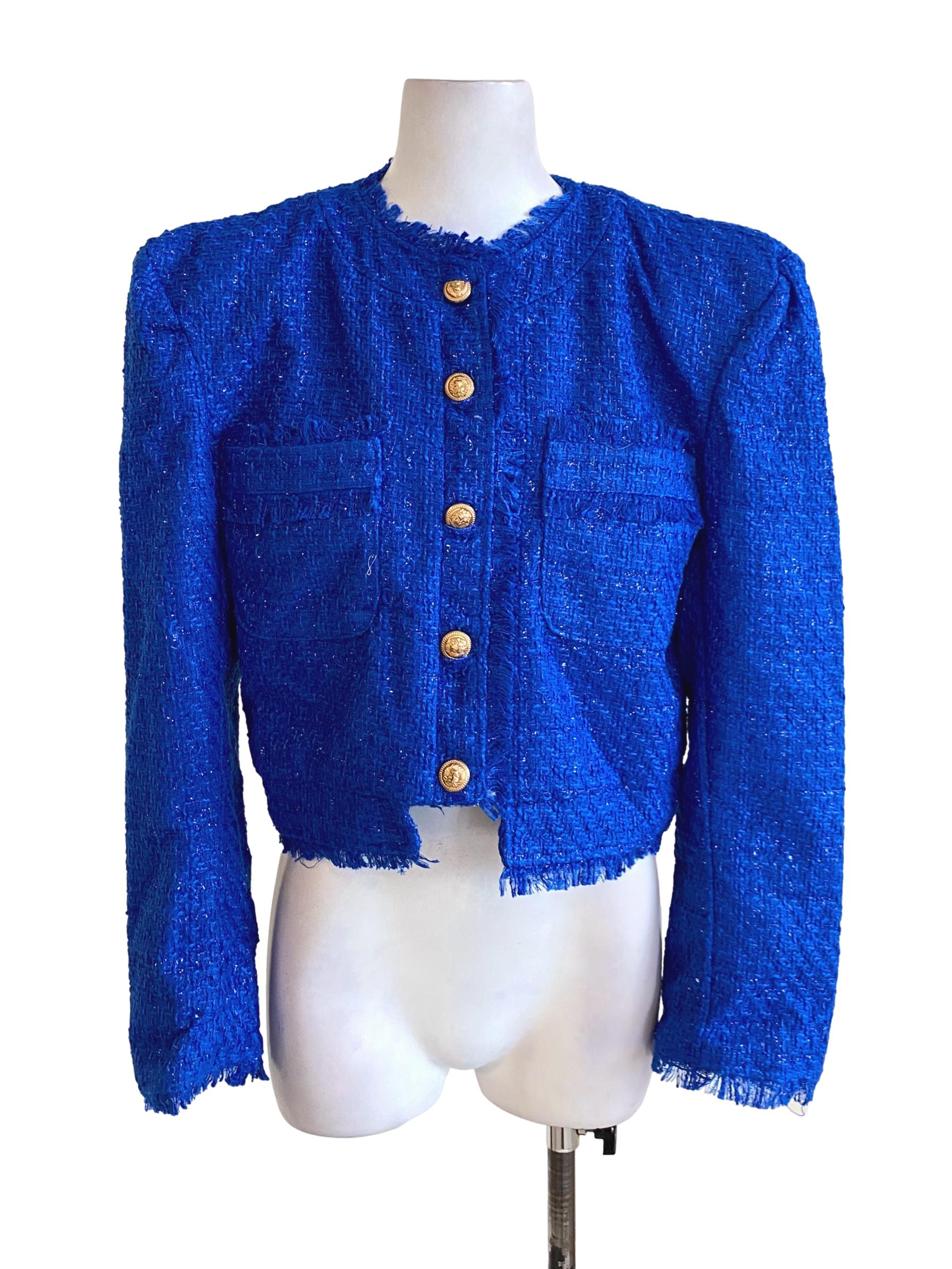Hot Blue Boucle Buttoned Down Tweed Cropped Jacket