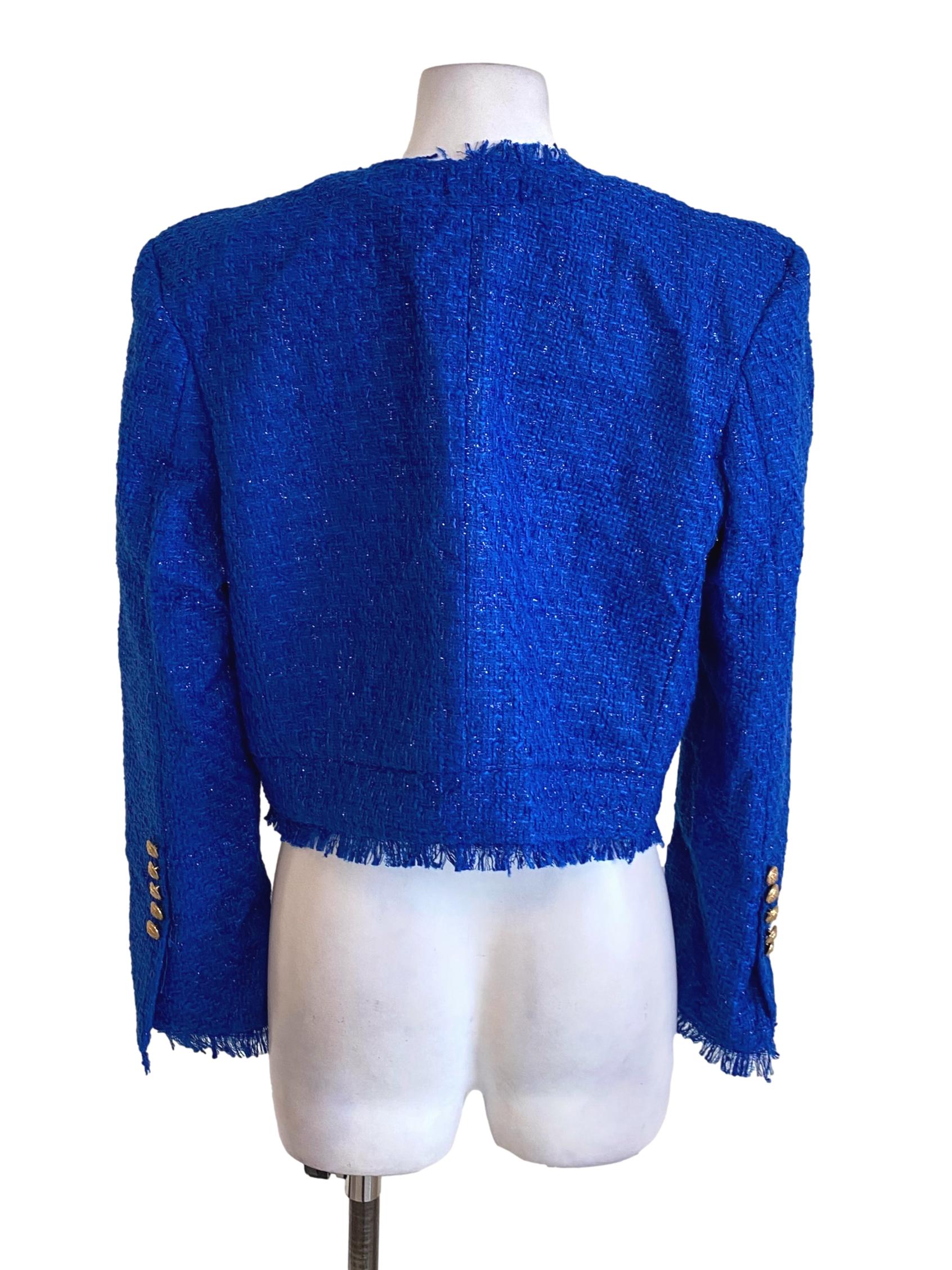 Hot Blue Boucle Buttoned Down Tweed Cropped Jacket