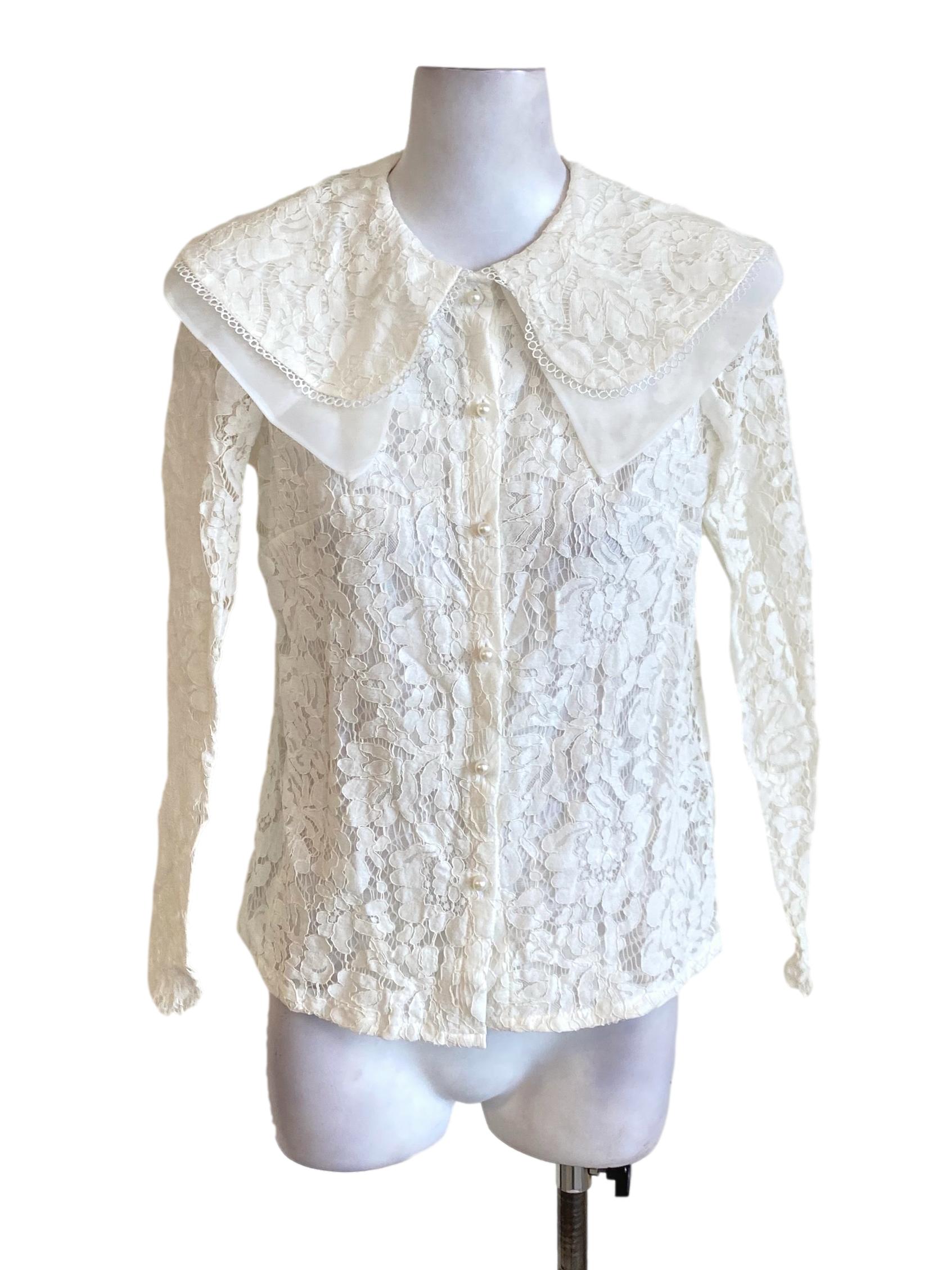 Porcelain White Floral Lace Puritan Neck Long Sleeve Blouse