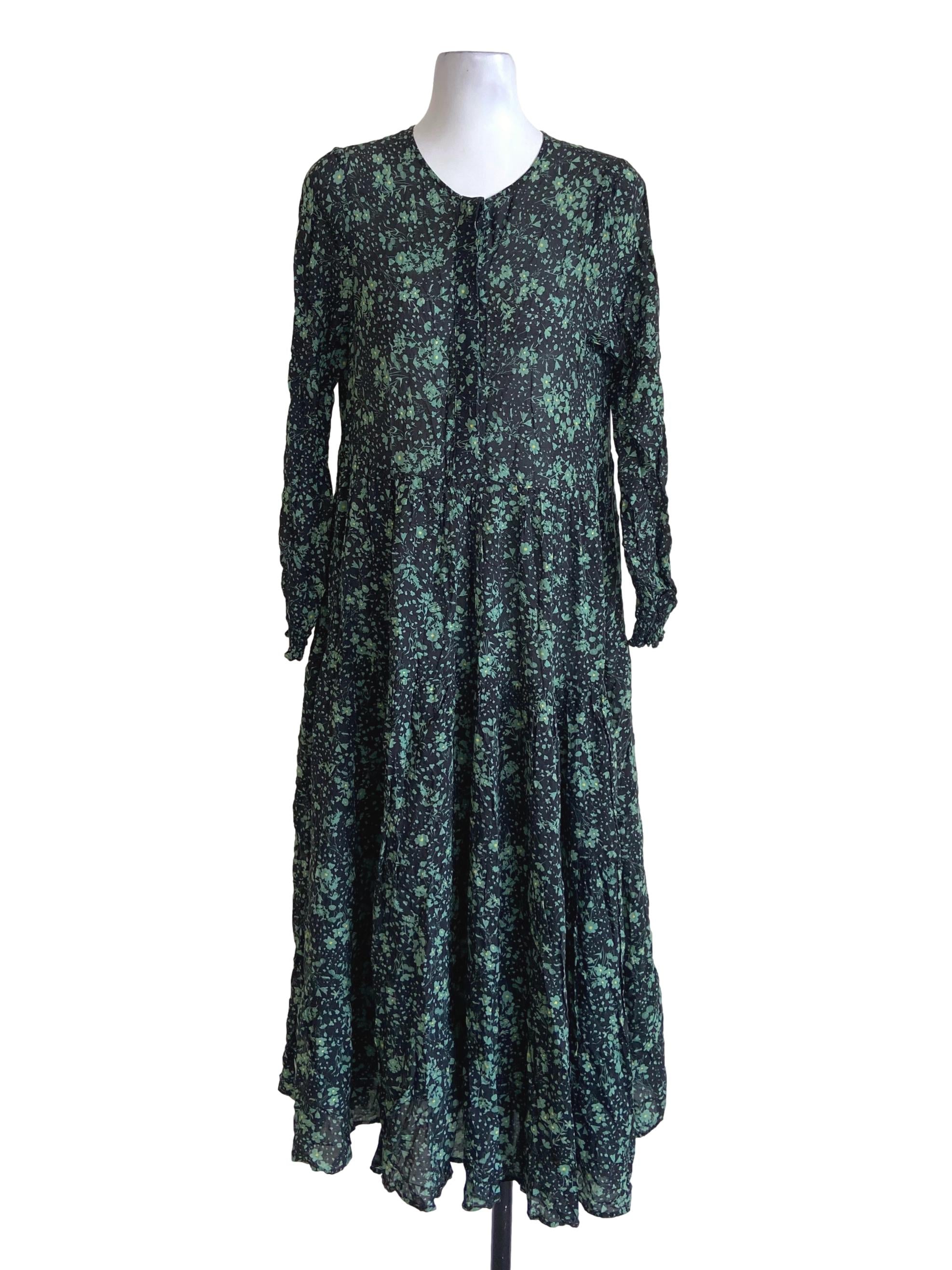 Moss Green & Floral Layered Empire Dress