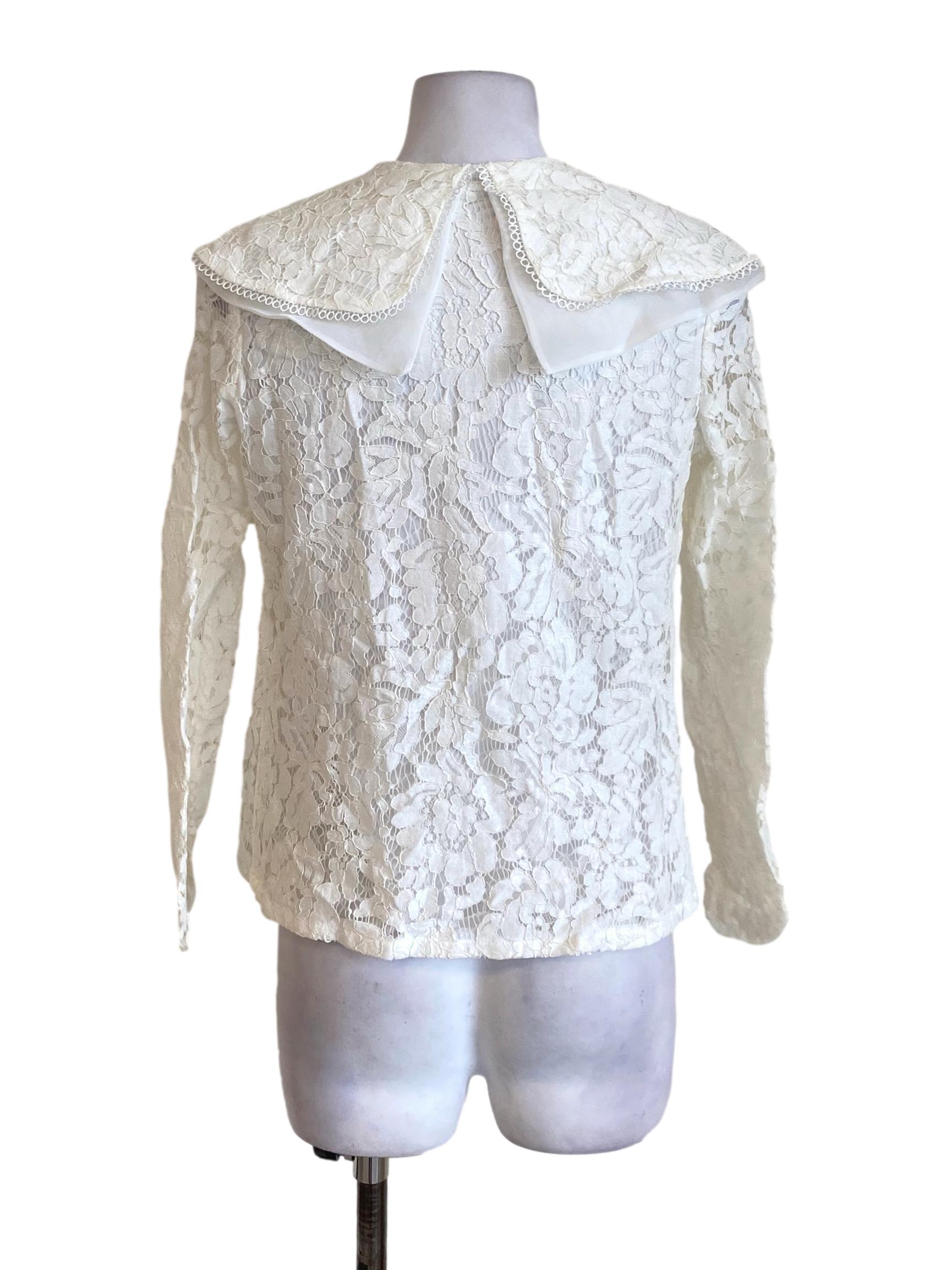 Porcelain White Floral Lace Puritan Neck Long Sleeve Blouse