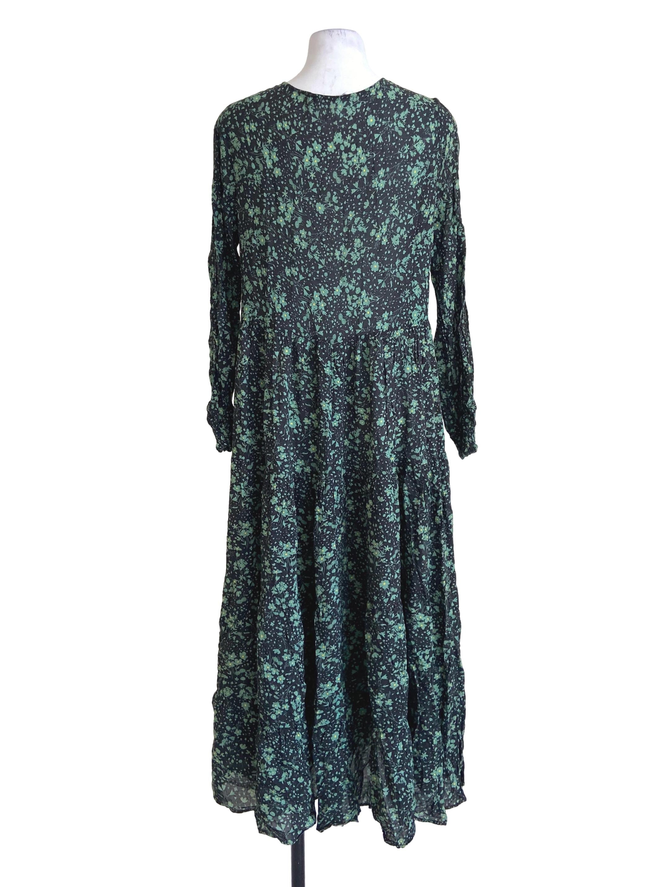 Moss Green & Floral Layered Empire Dress