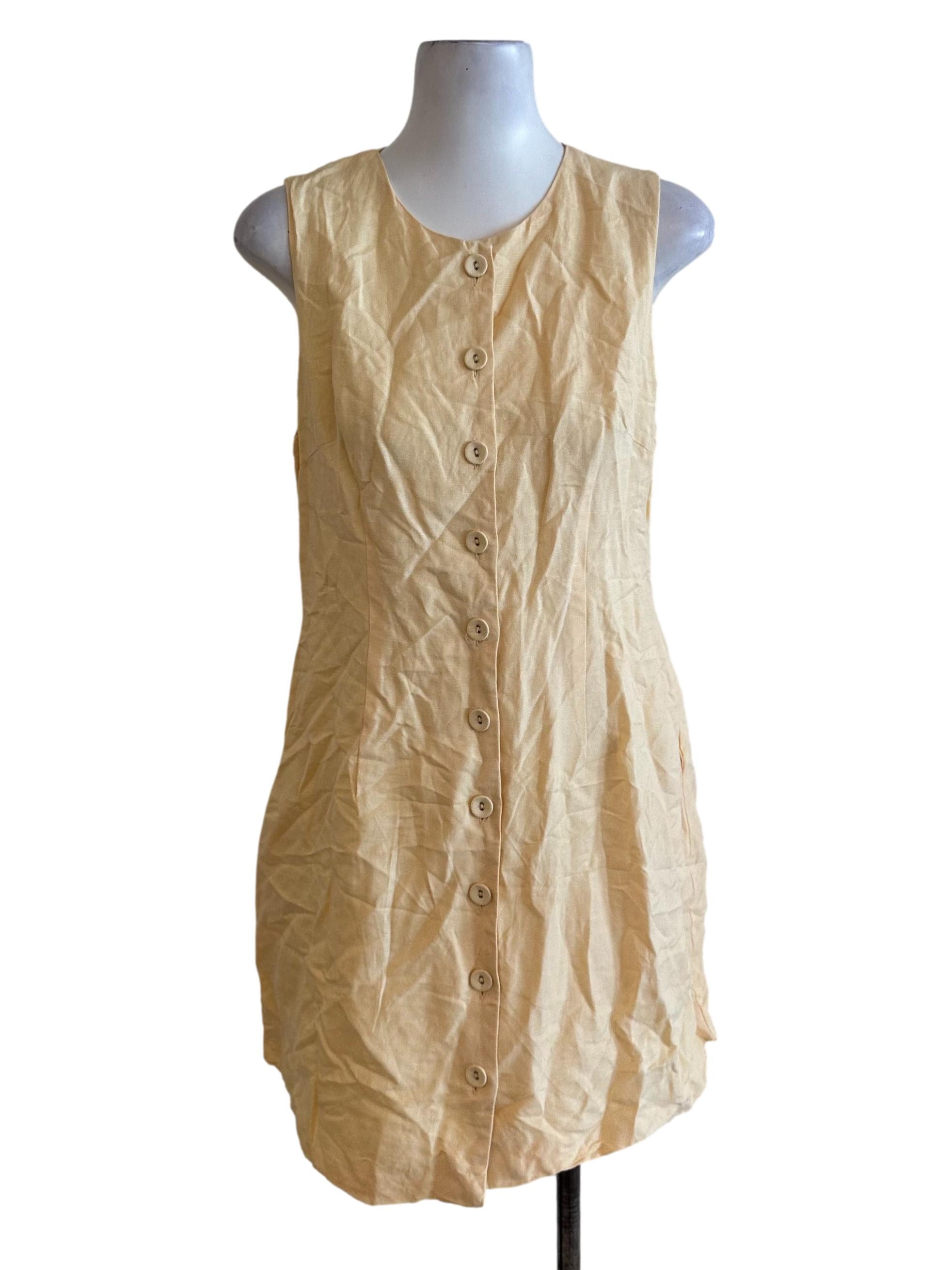 Butter Yellow Button Round Neck Dress OSN