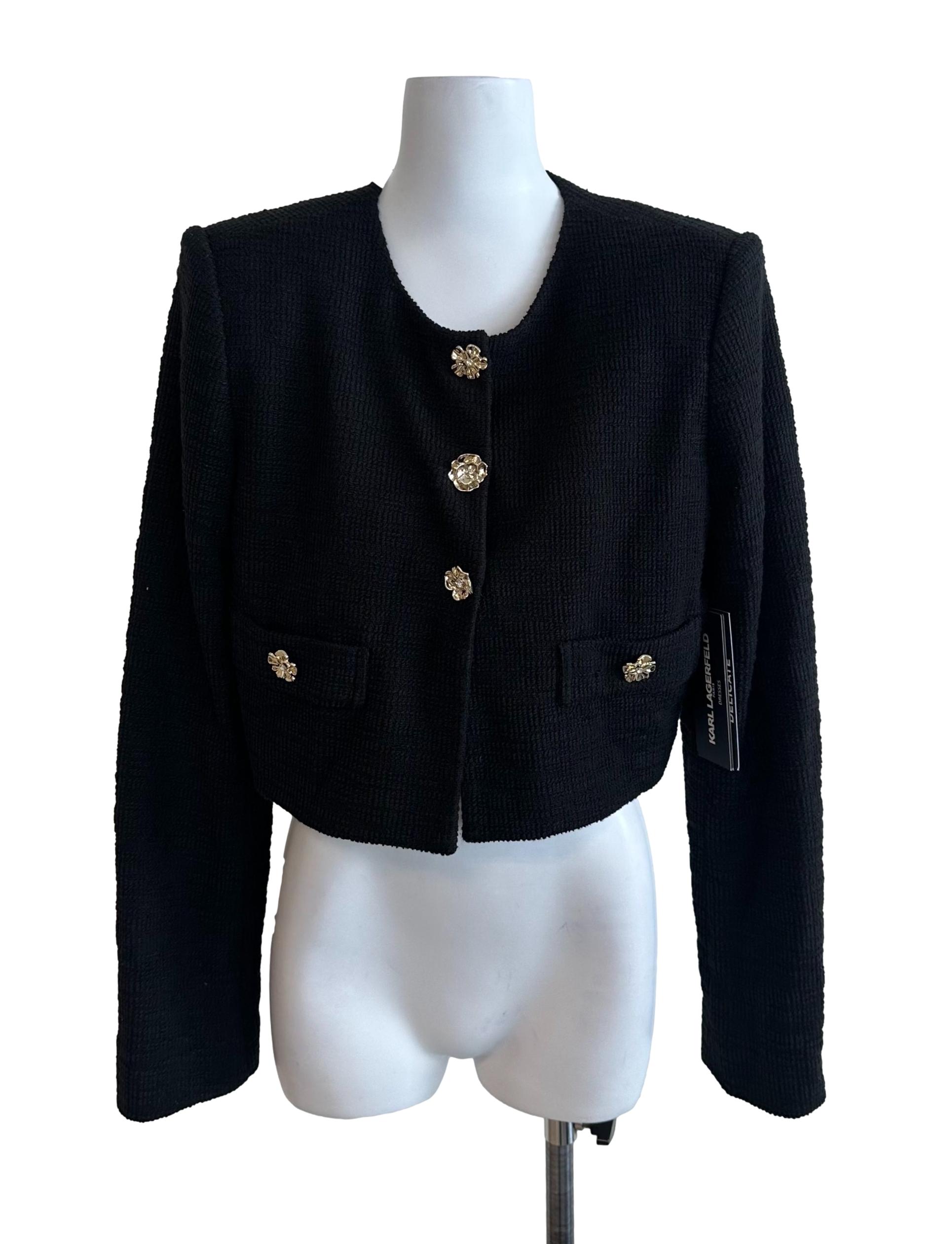 Rich Black Tweed Floral Button Jacket