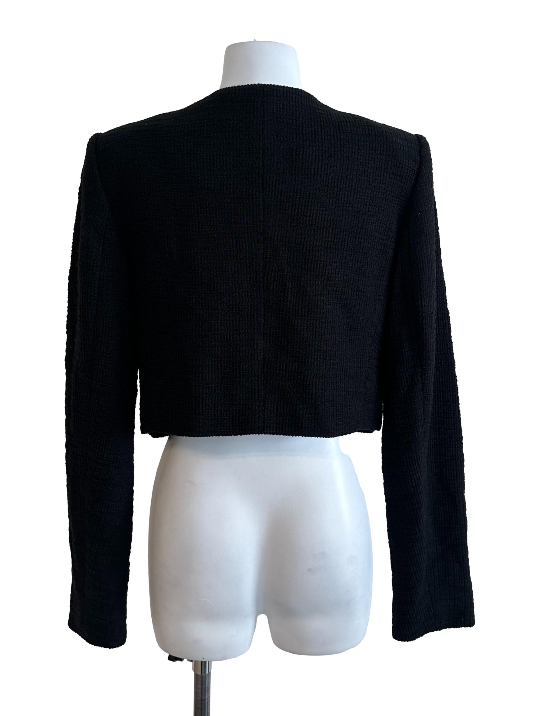 Rich Black Tweed Floral Button Jacket