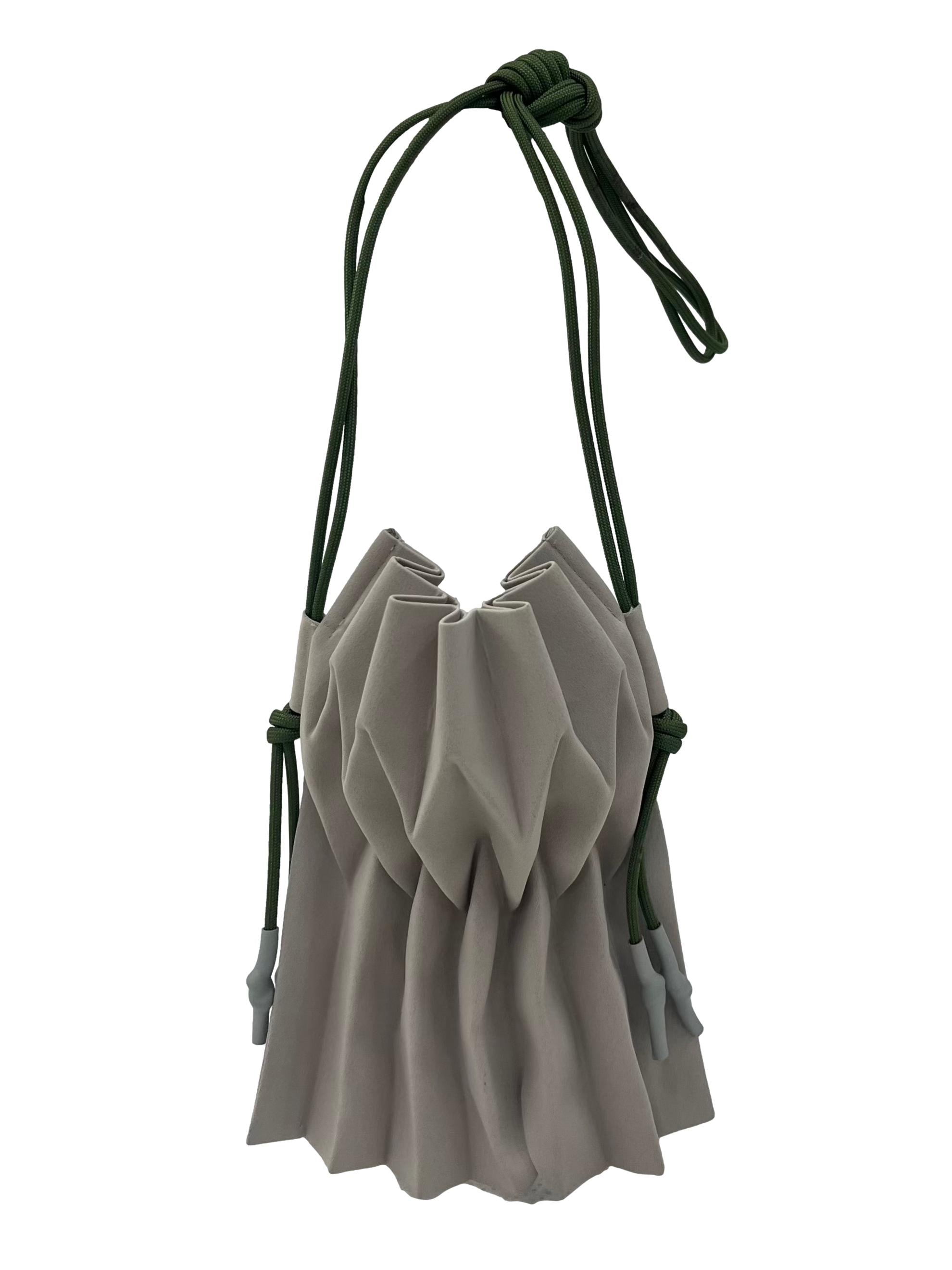 Grey Stretchable Pleated Shoulder Bag With Green Adjustable Straps