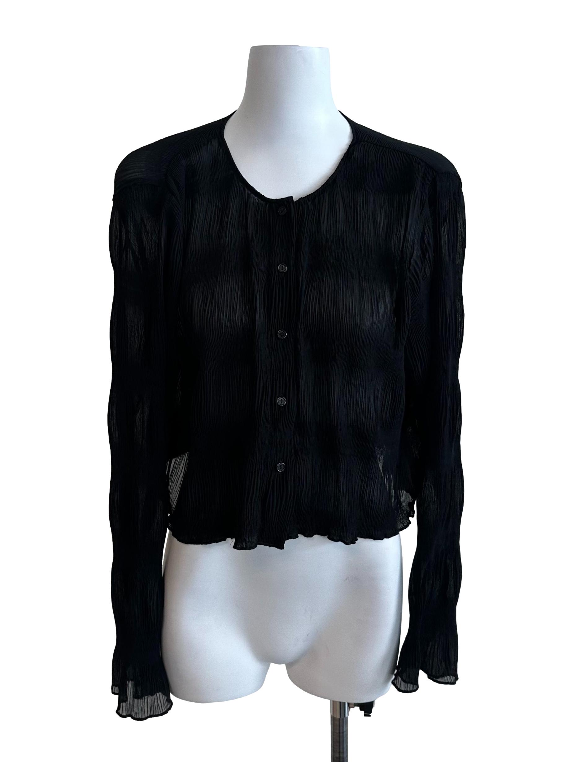 Raven Black Button Pleated Long Sleeve Top