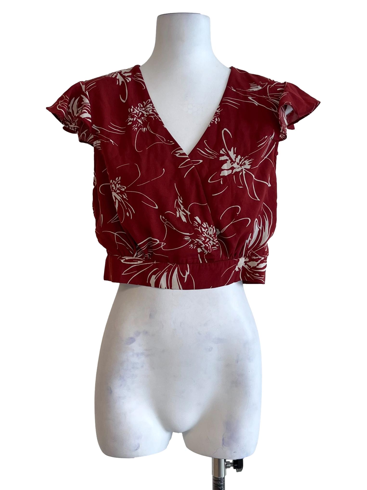 Brick Red V-Neck Wrap Blouse