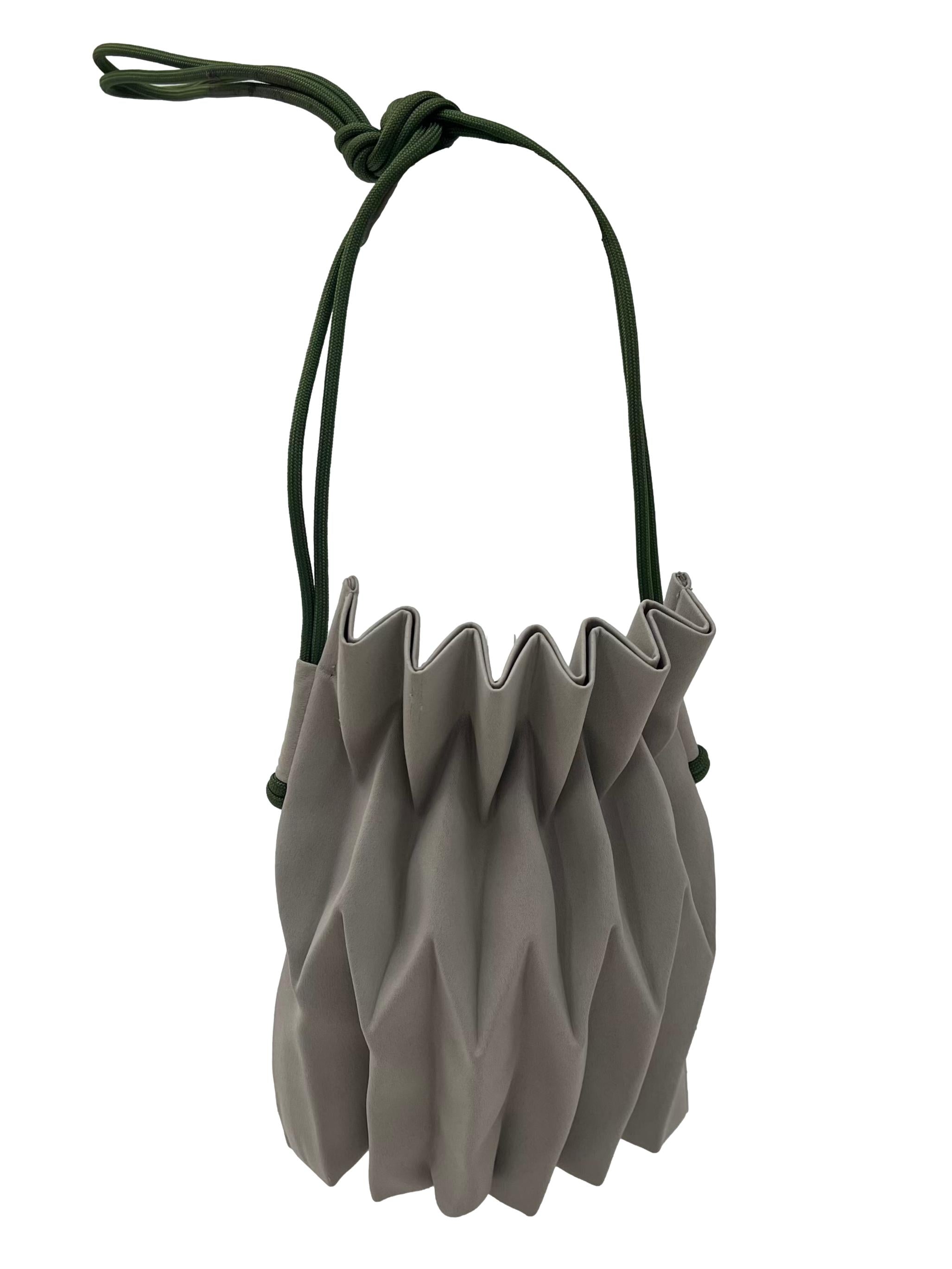 Grey Stretchable Pleated Shoulder Bag With Green Adjustable Straps