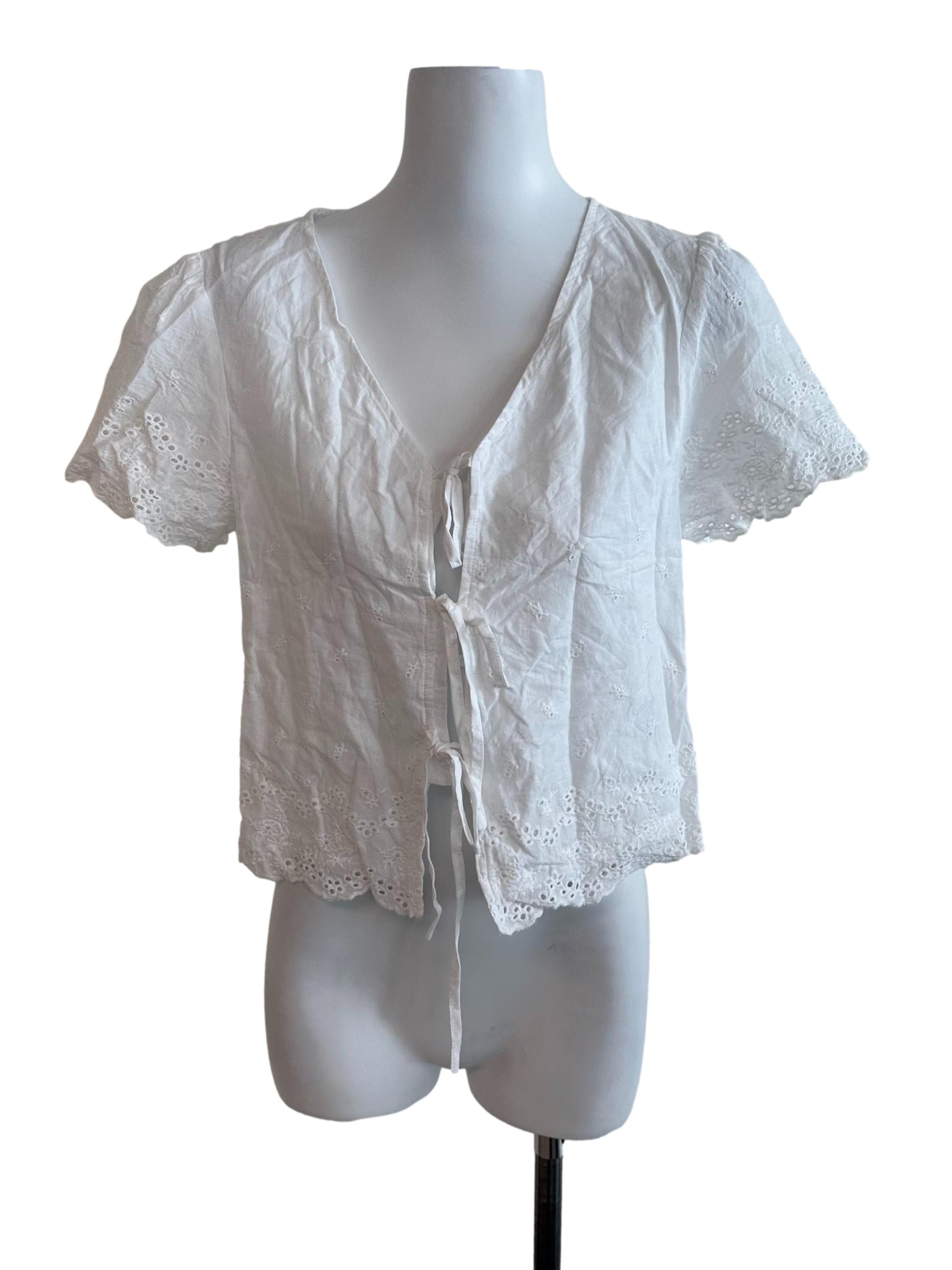 Pure White Eyelet Embroidery Front Tie Top