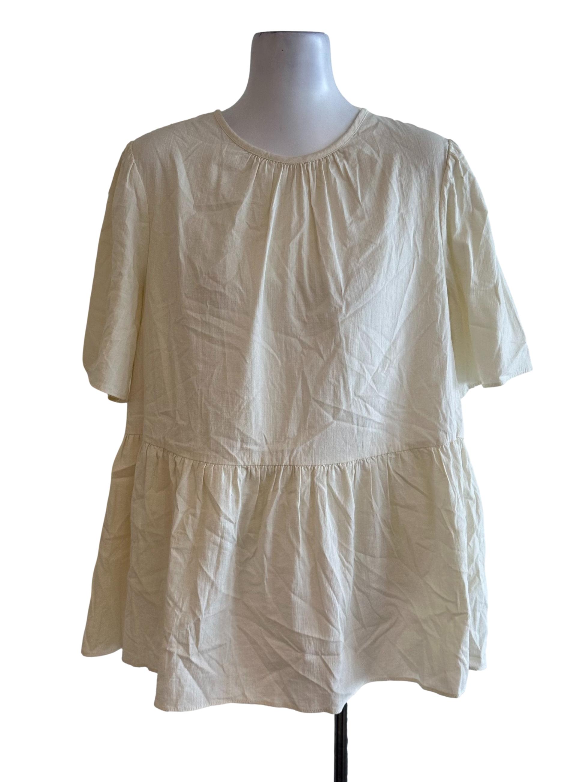 Cream Yellow Round Neck Textured Peplum Top OSN