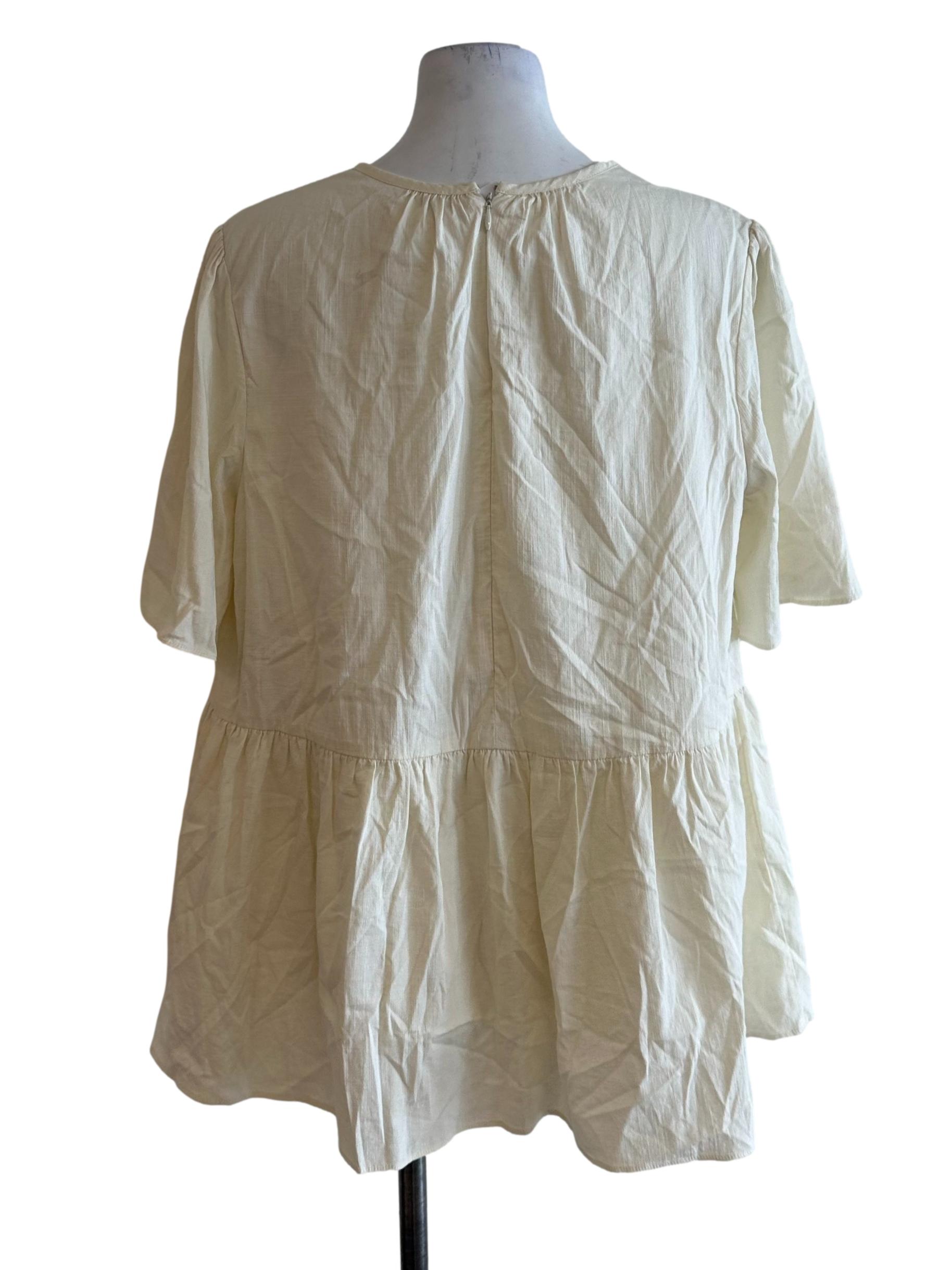 Cream Yellow Round Neck Textured Peplum Top OSN