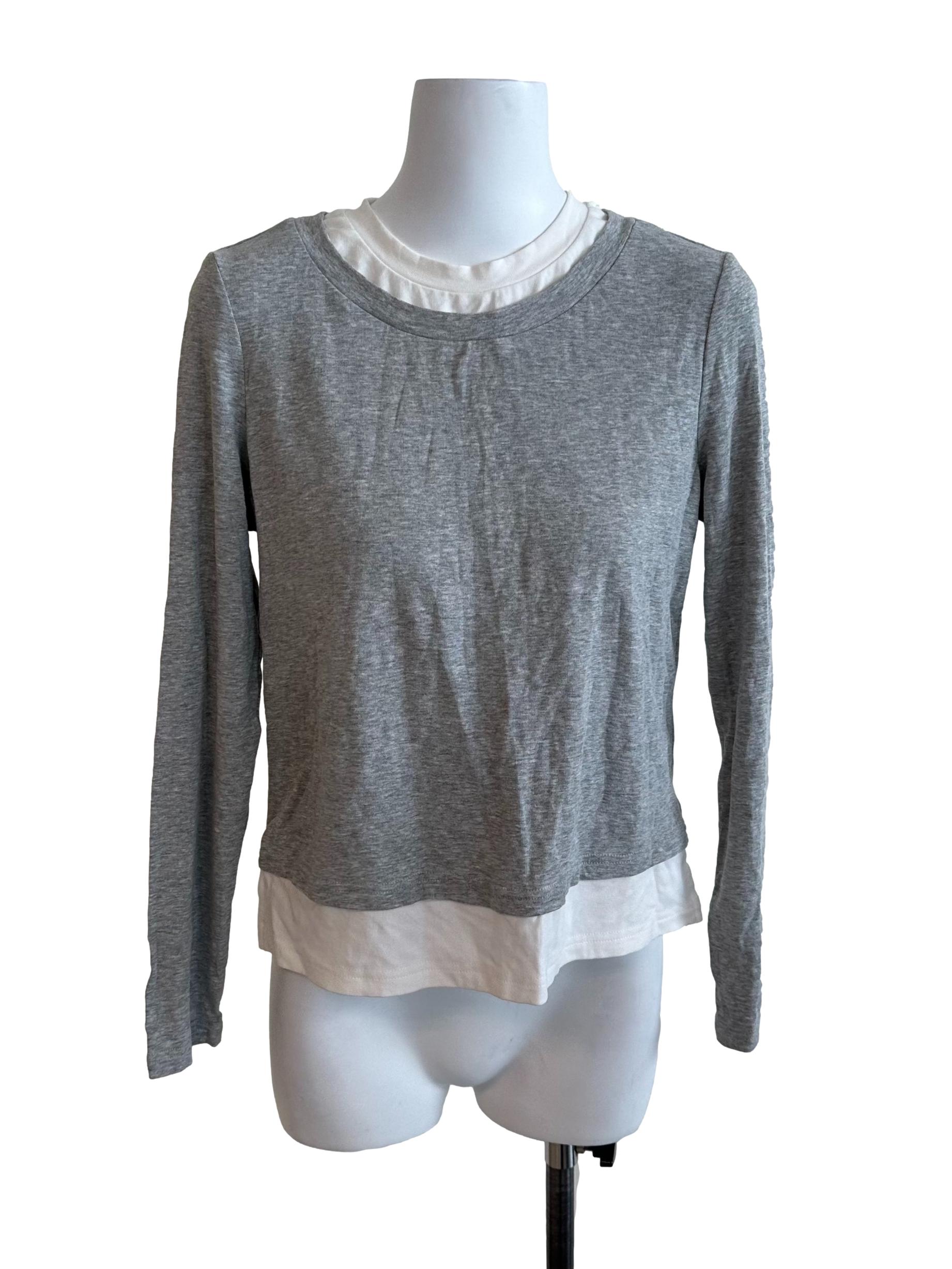 Grey White Round Neck Long Sleeve Top