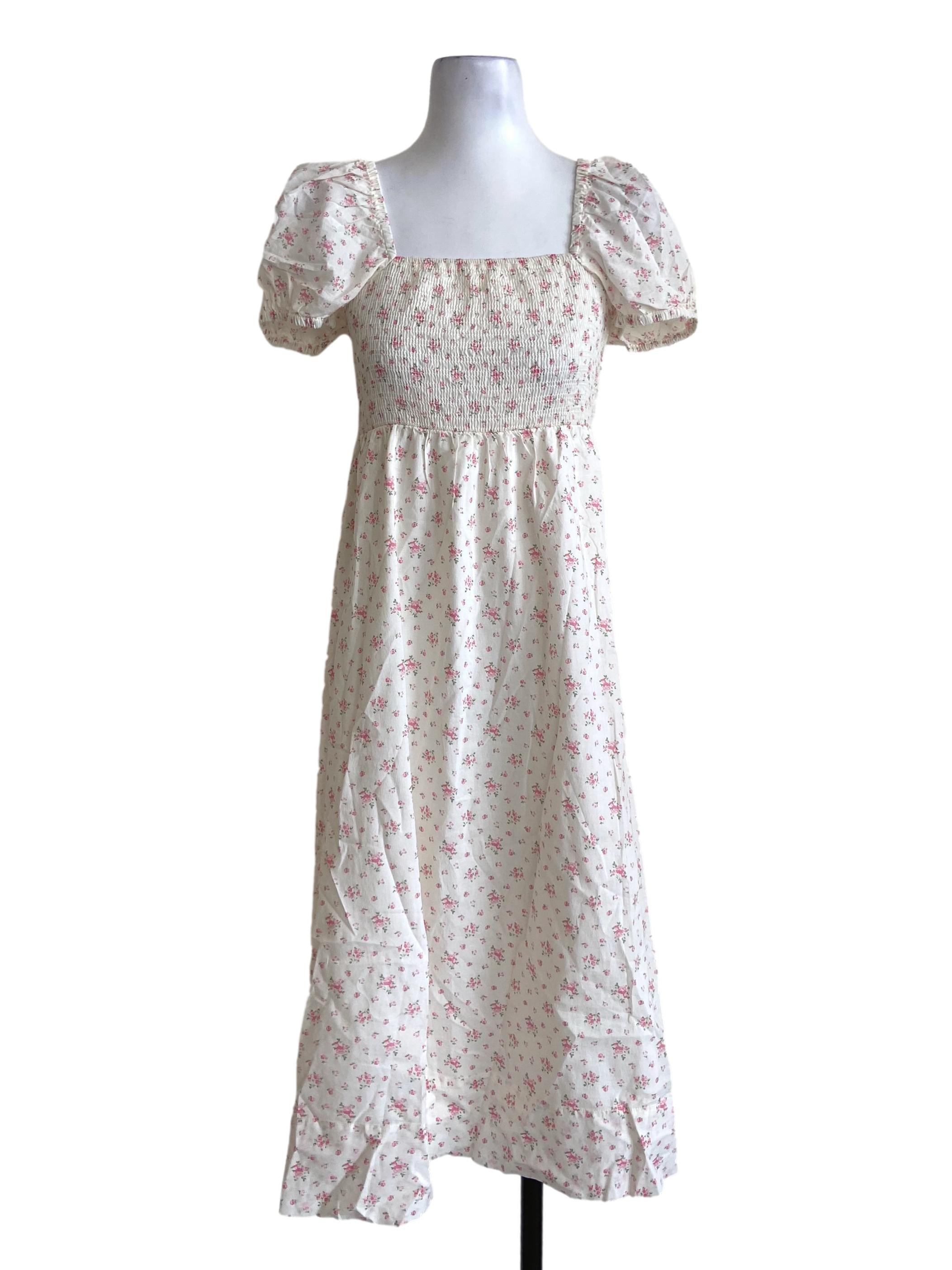 White & Pink Floral A-Line Dress