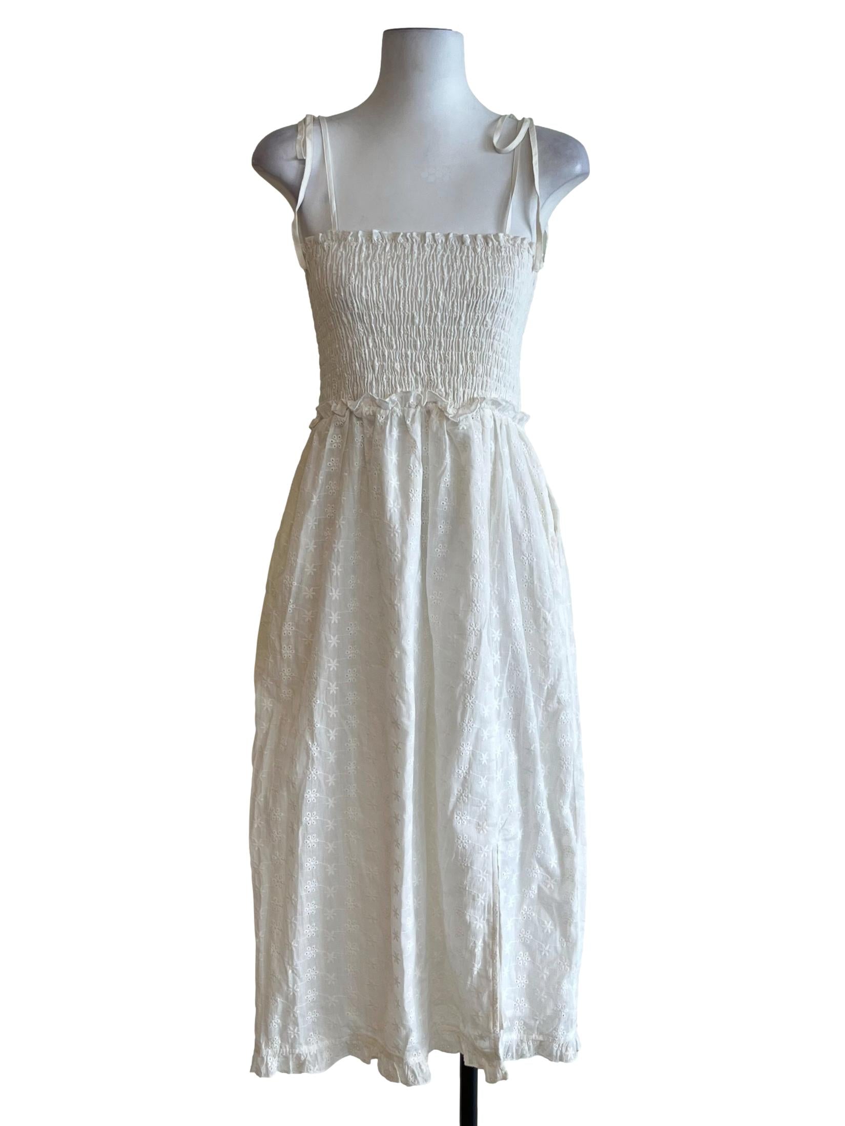Daisy White Shirred Embroidered Dress