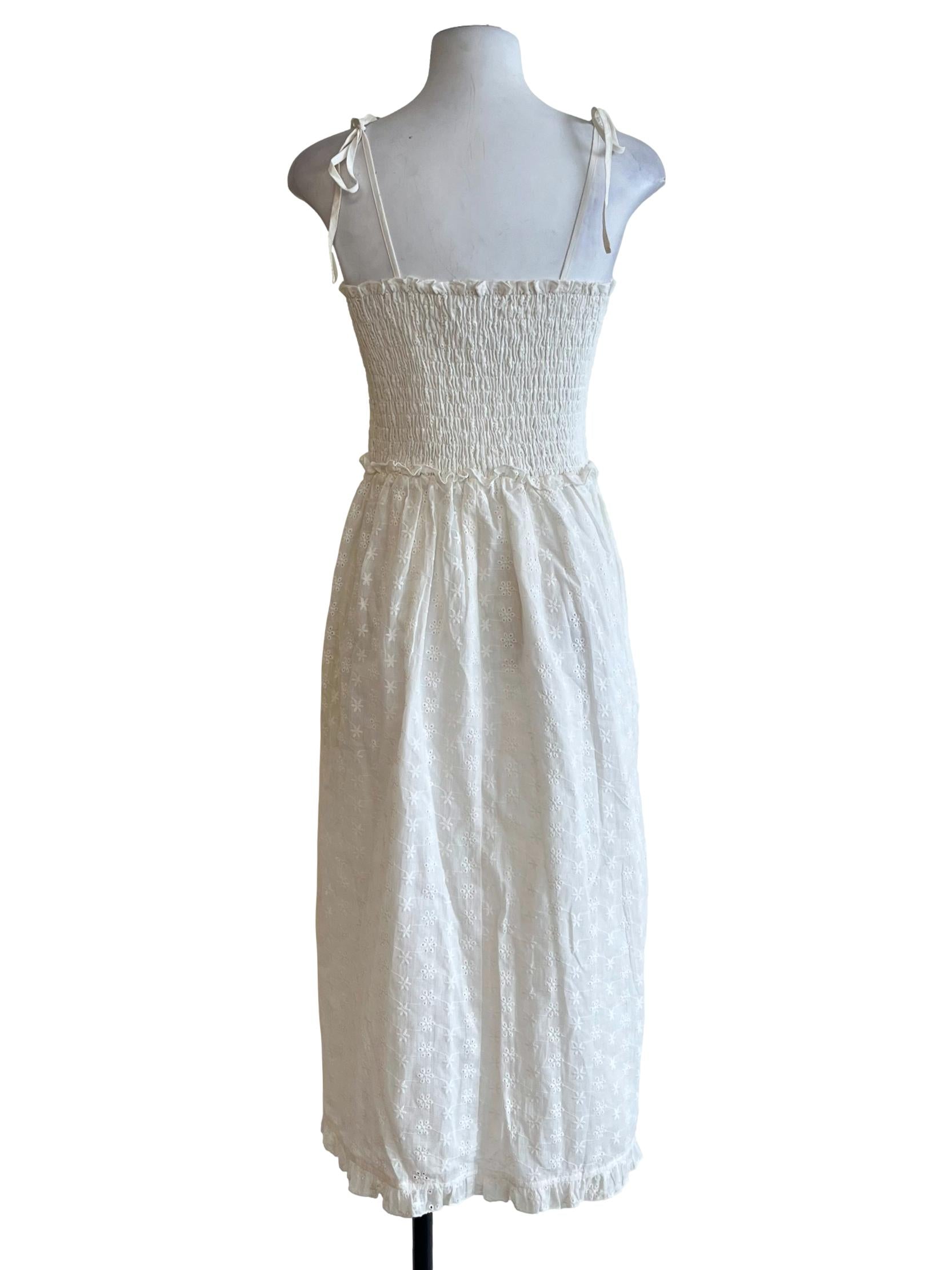 Daisy White Shirred Embroidered Dress