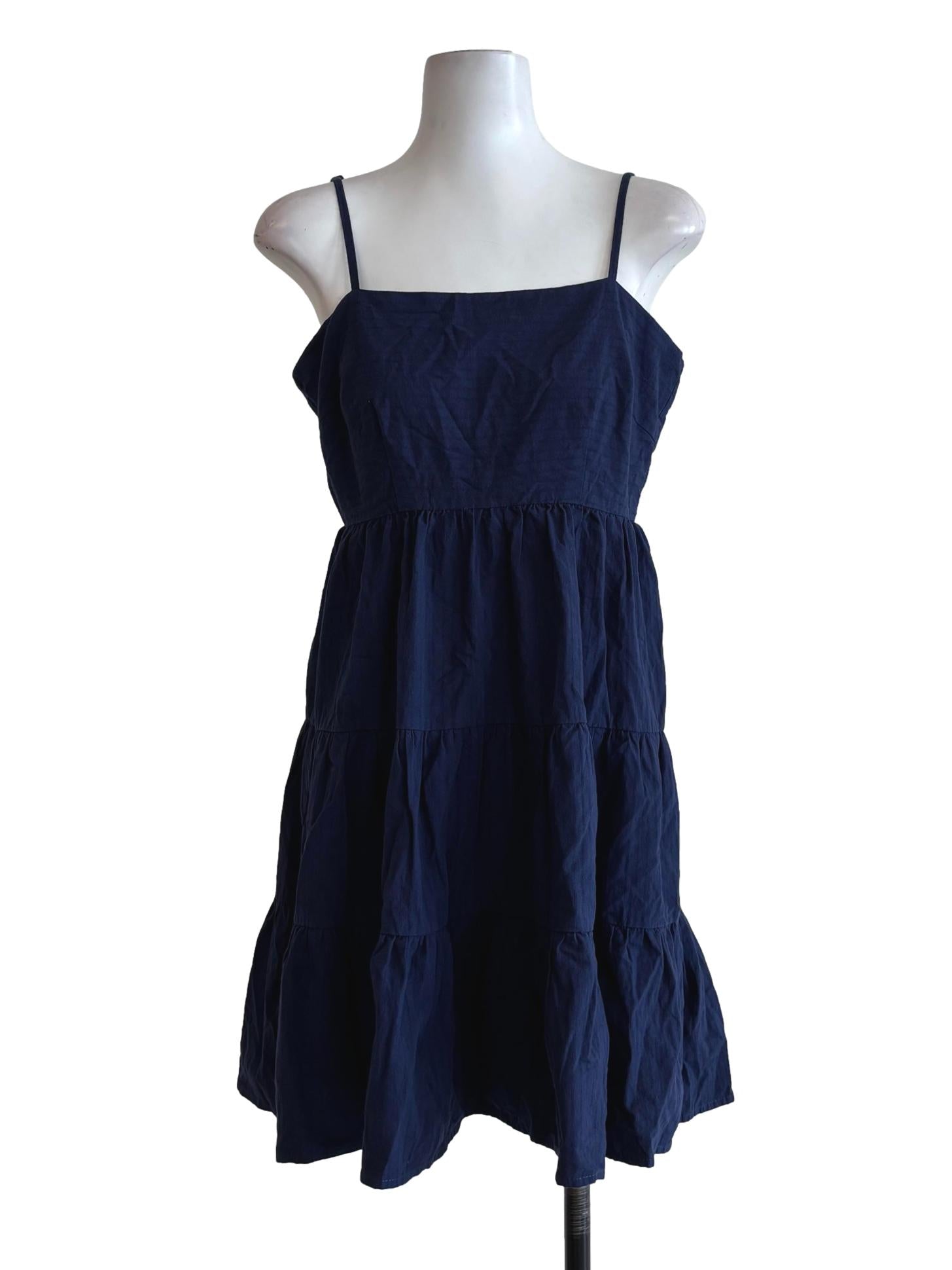 Navy Blue Spaghetti Strap Cotton Flare Dress