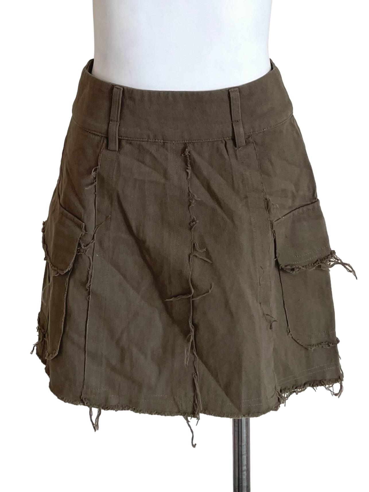 Dark Olive Distressed Cargo A-Line Skirt YHF