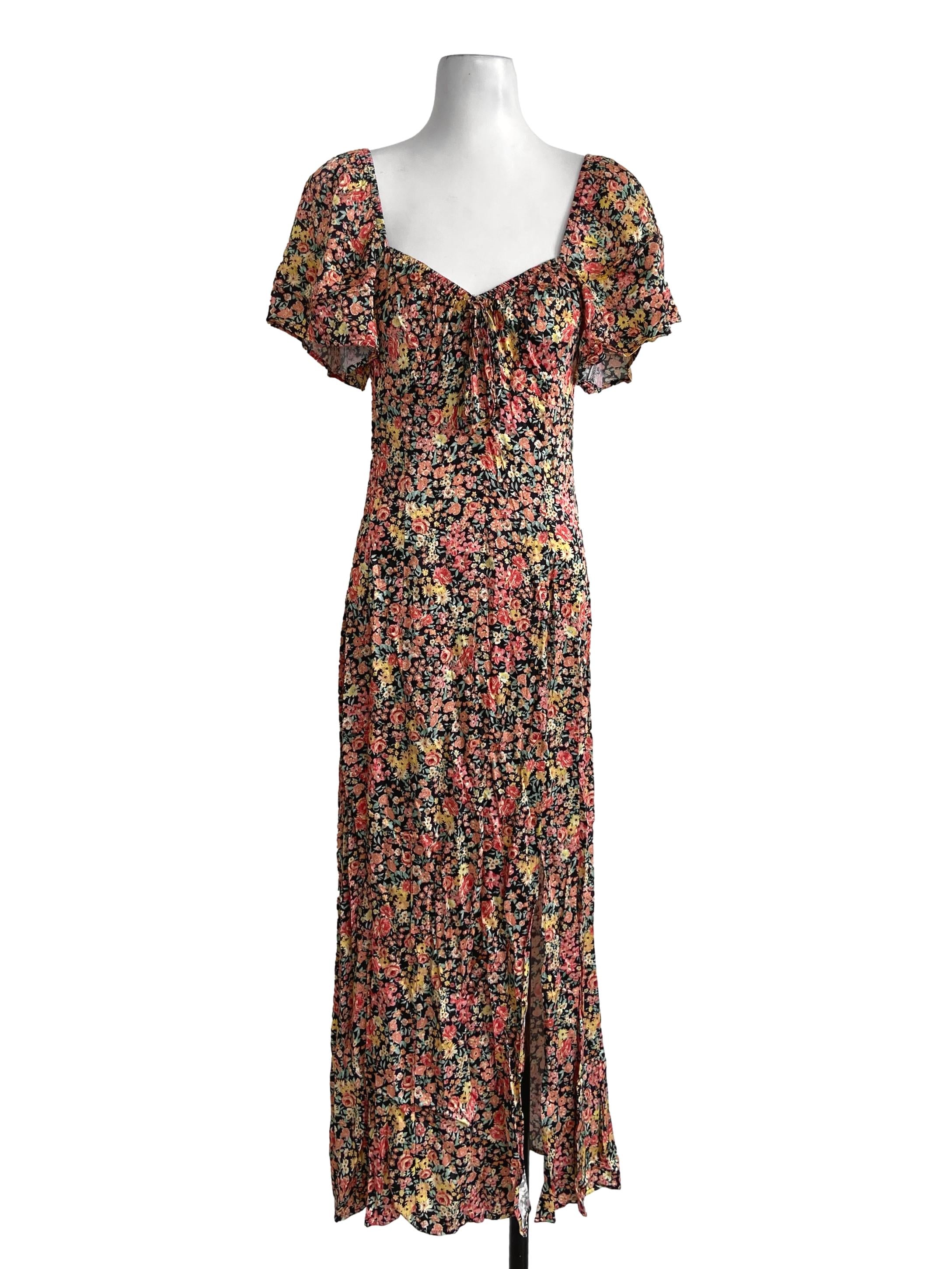 Orange & Yellow Floral Slit Empire Dress