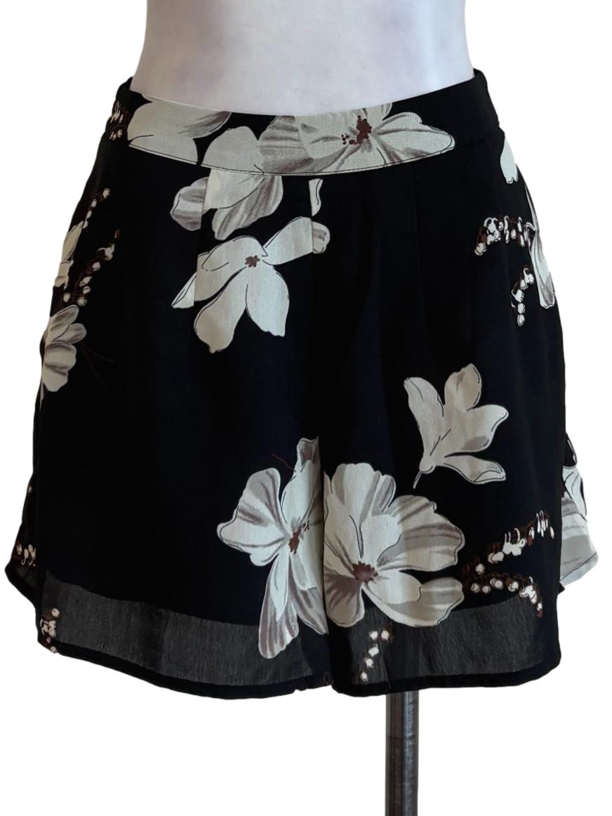 Black Floral Pleated Shorts