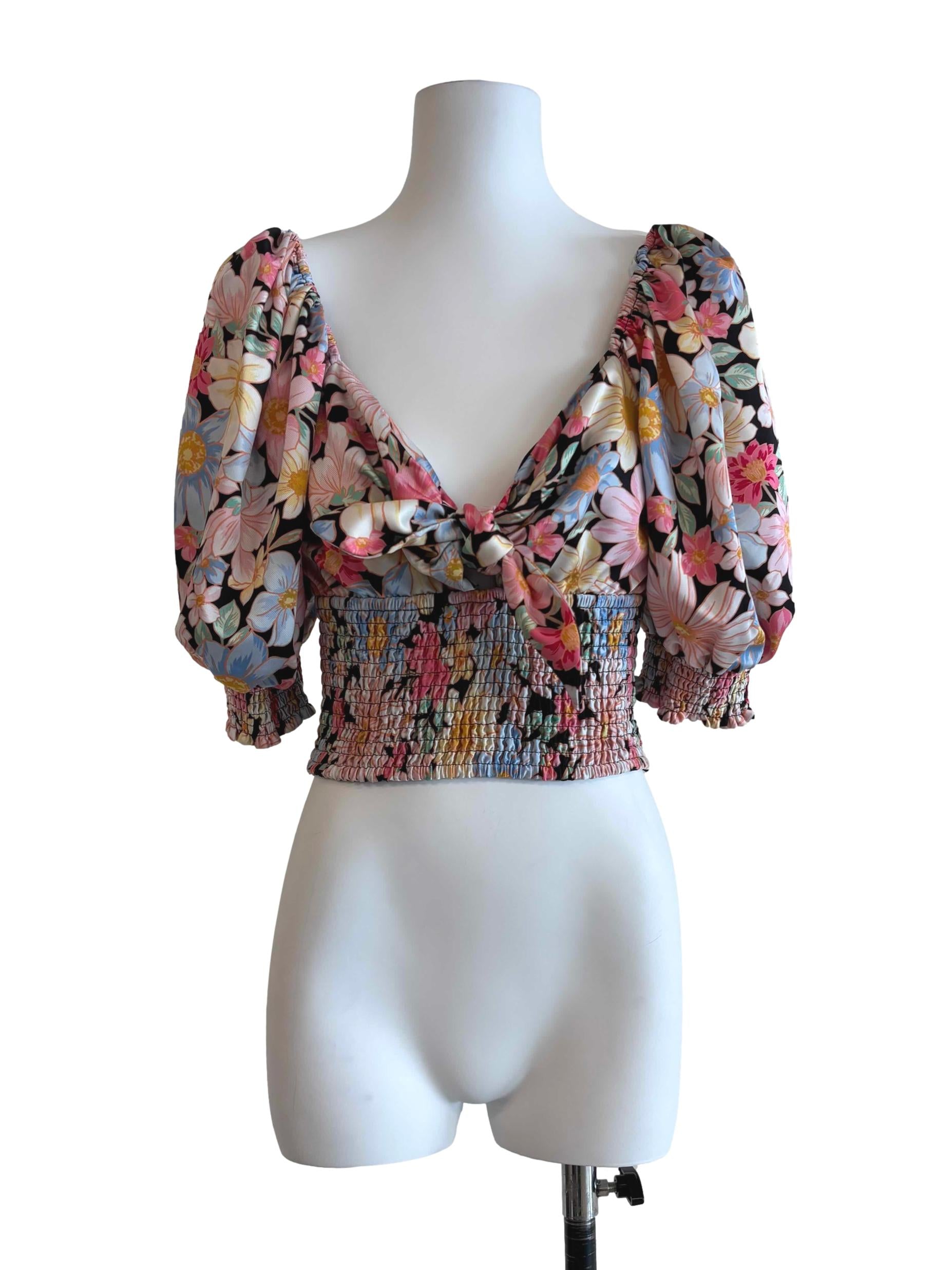 Black Multicolour Floral Smocked V Neck Top