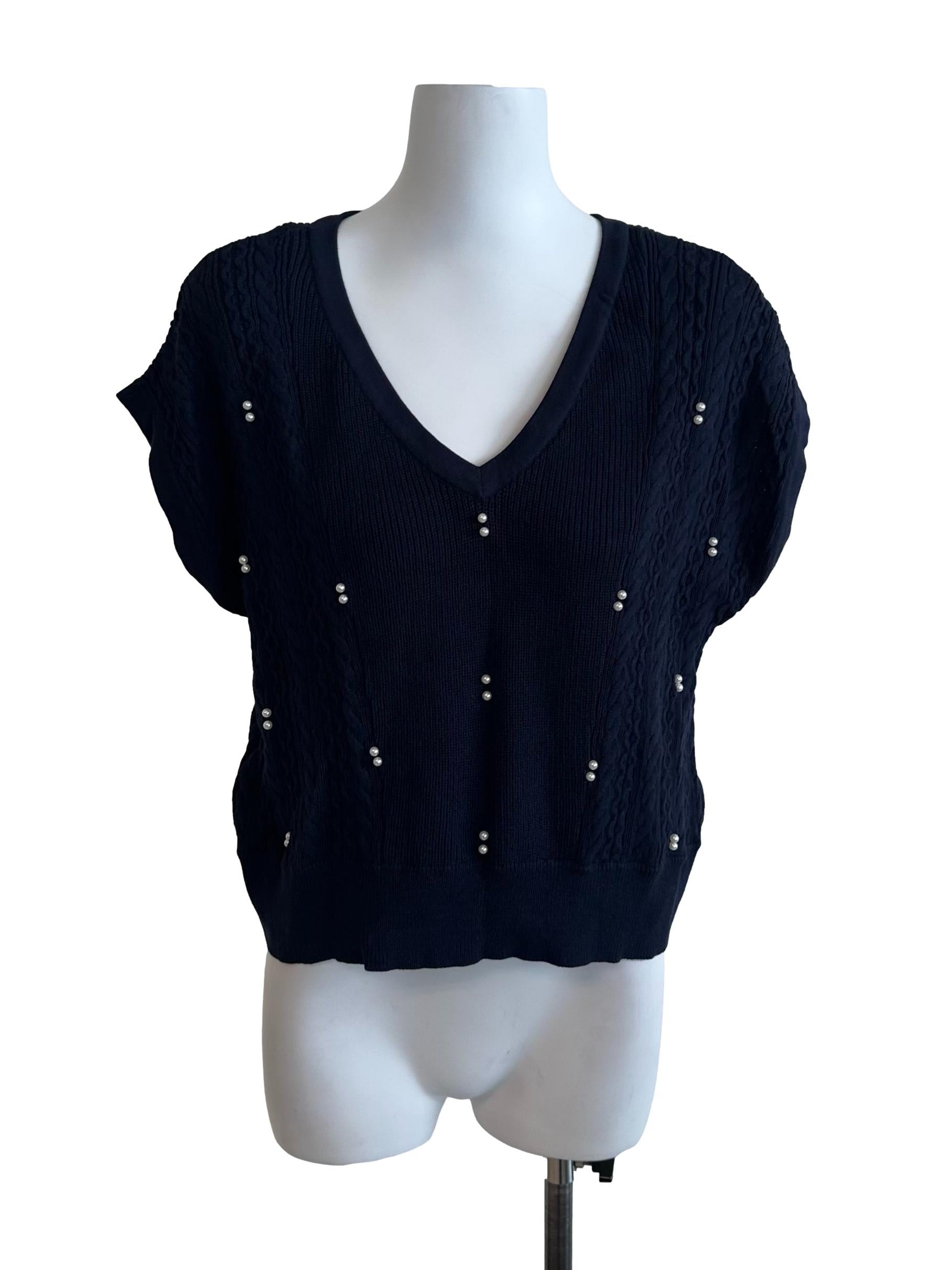 Navy Blue Knit V Neck Pearl Top