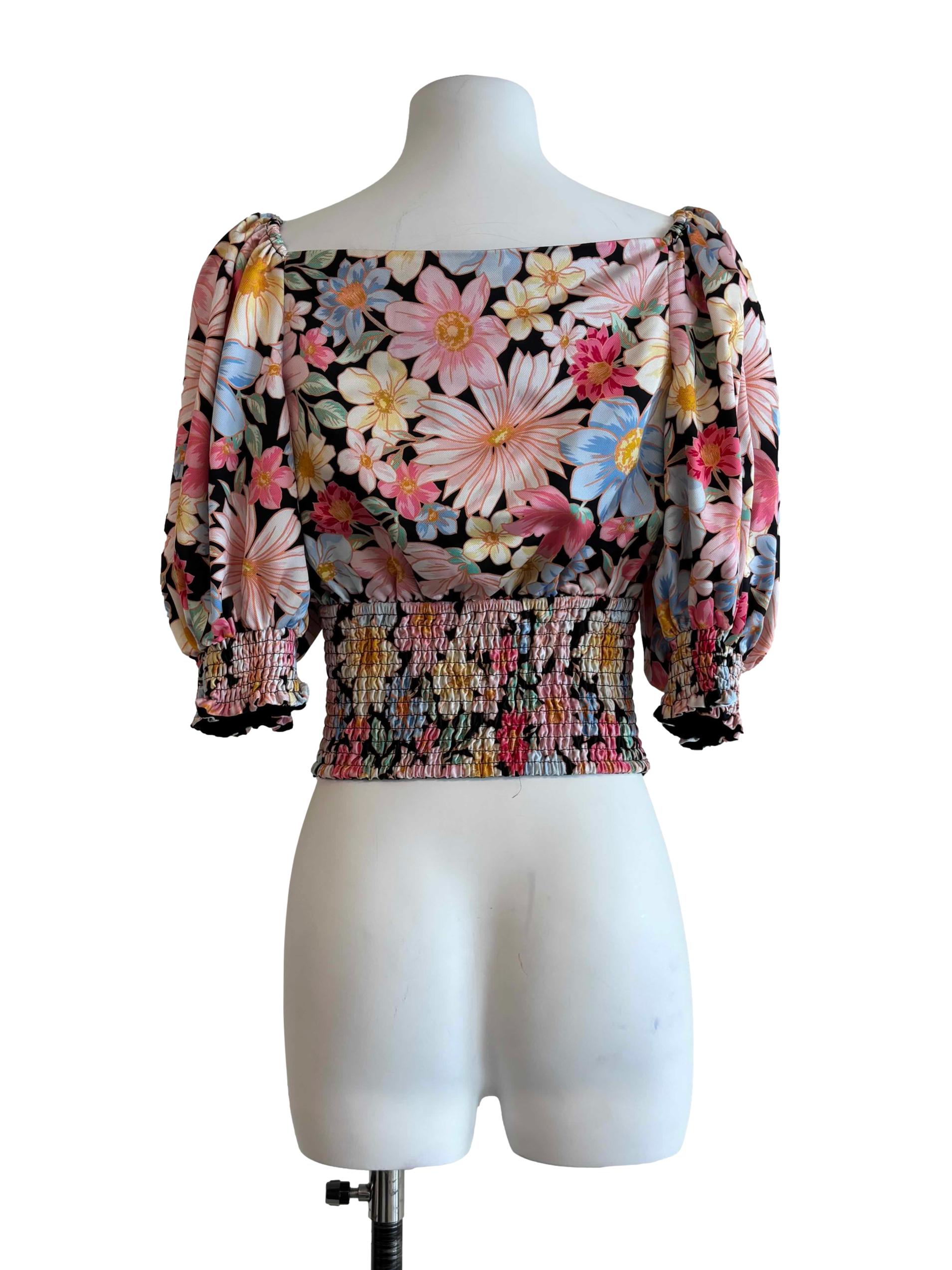 Black Multicolour Floral Smocked V Neck Top