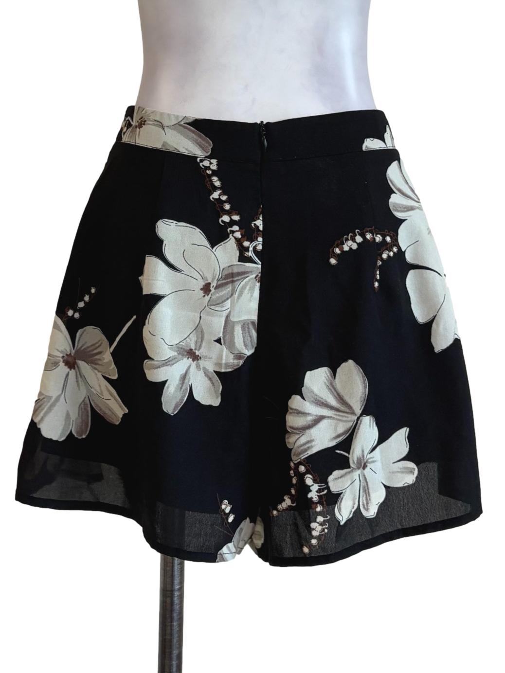 Black Floral Pleated Shorts