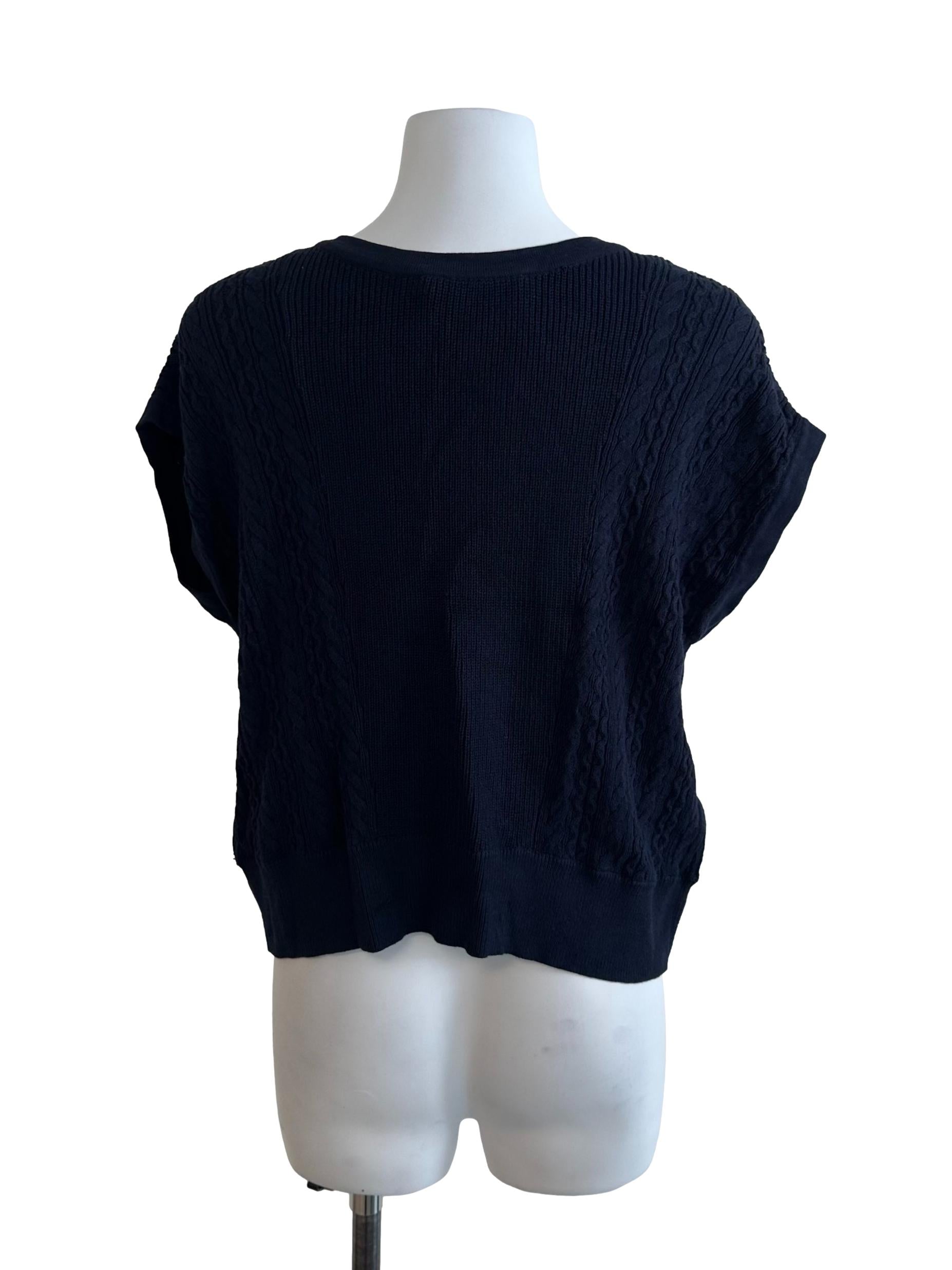Navy Blue Knit V Neck Pearl Top