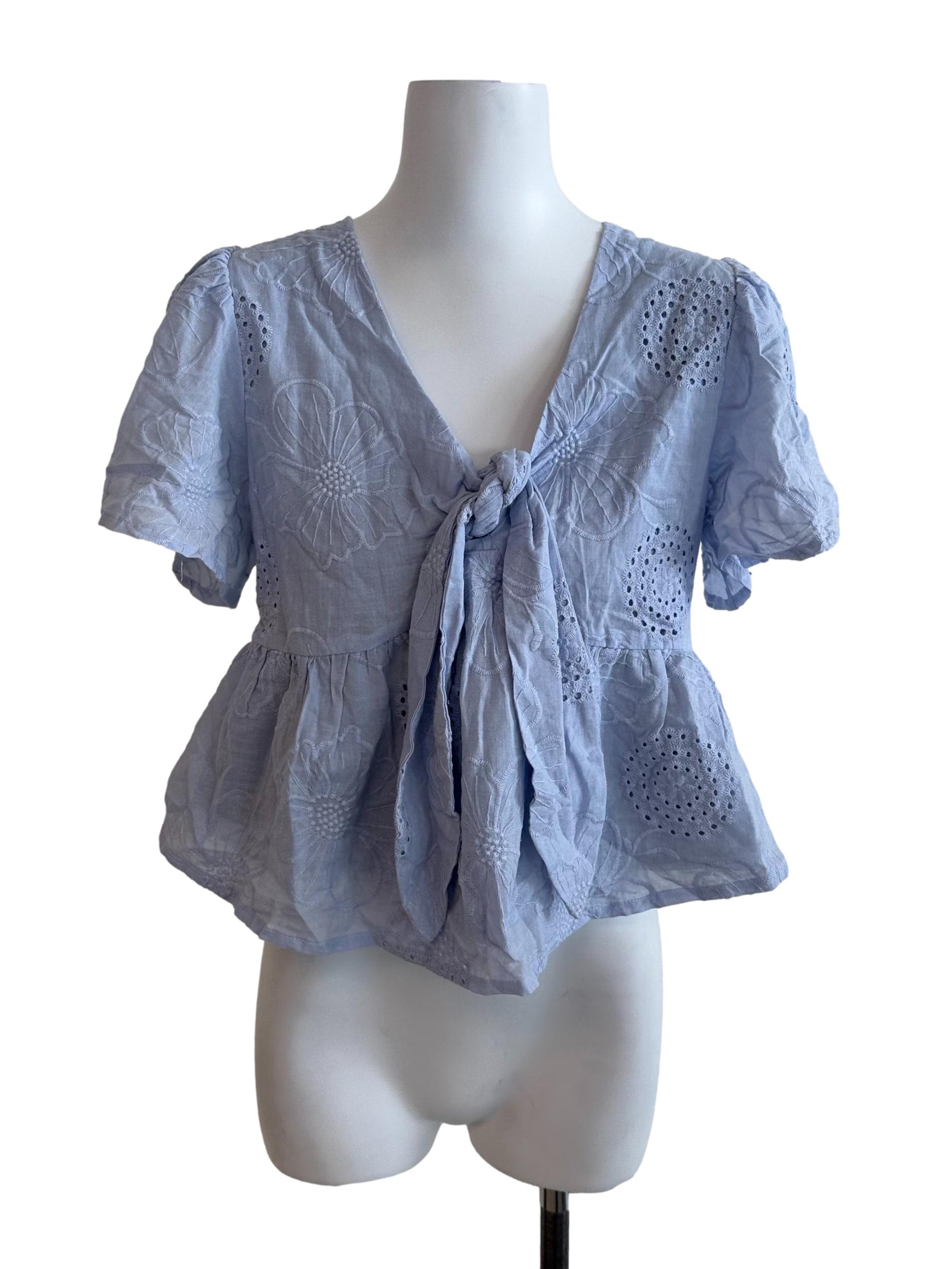 Light Blue Embroidery Knot Peplum Top