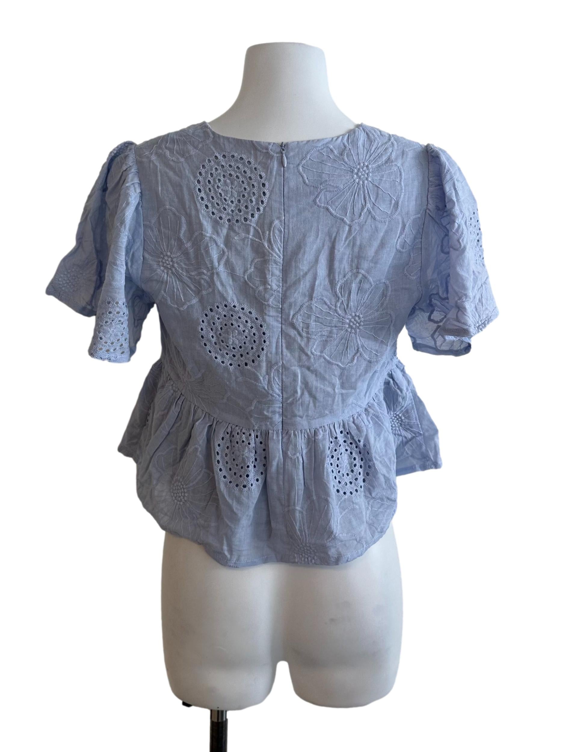 Light Blue Embroidery Knot Peplum Top