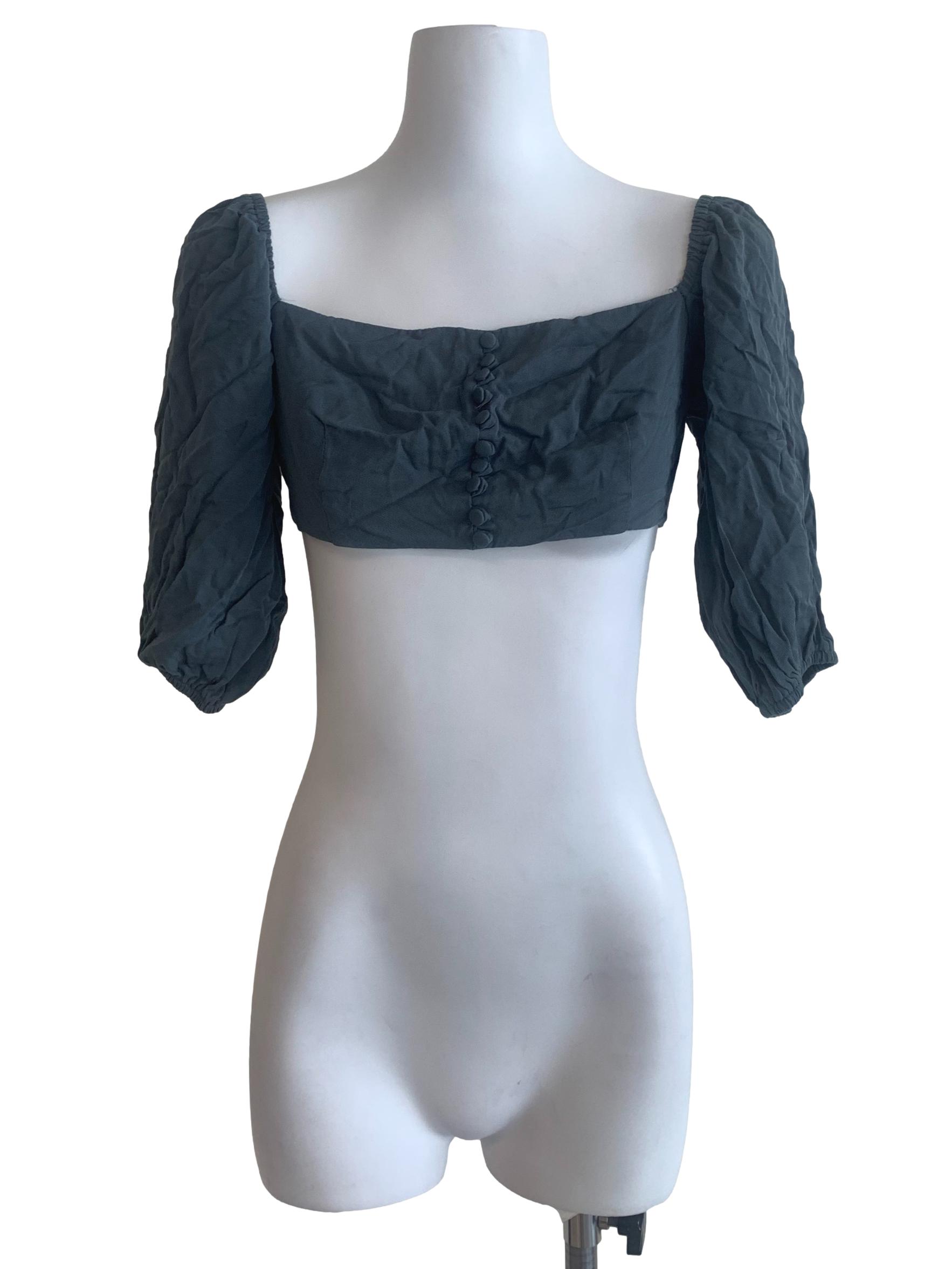 Bluish Green Puff Sleeve Crop Top