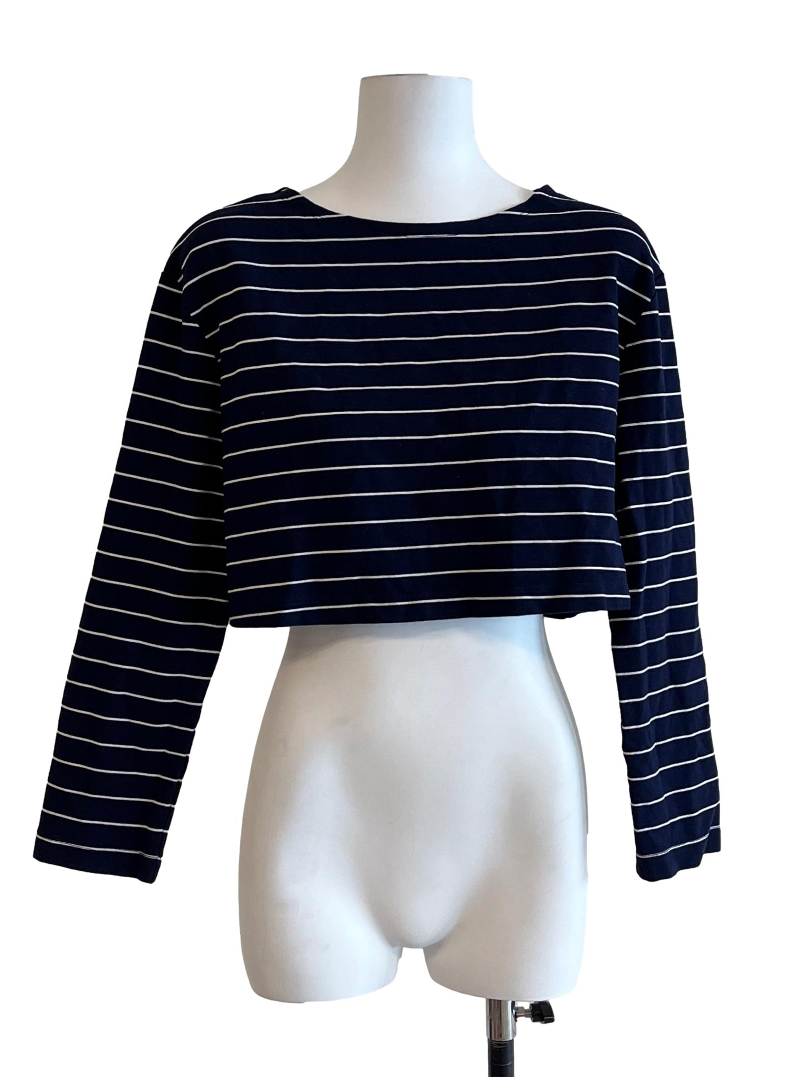 Navy Blue White Stripes Long Sleeve Top