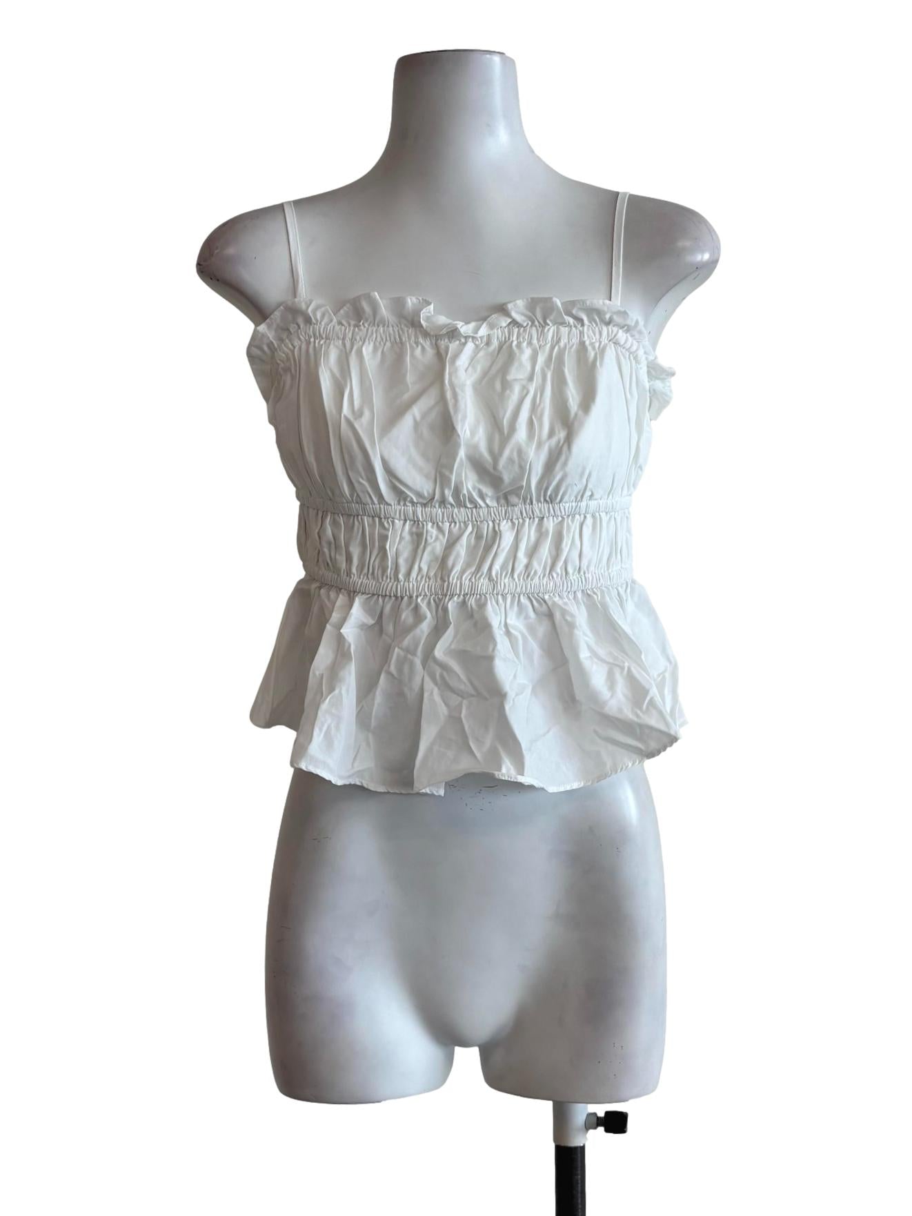 Powder White Spaghetti Strap Cotton Smocked Top