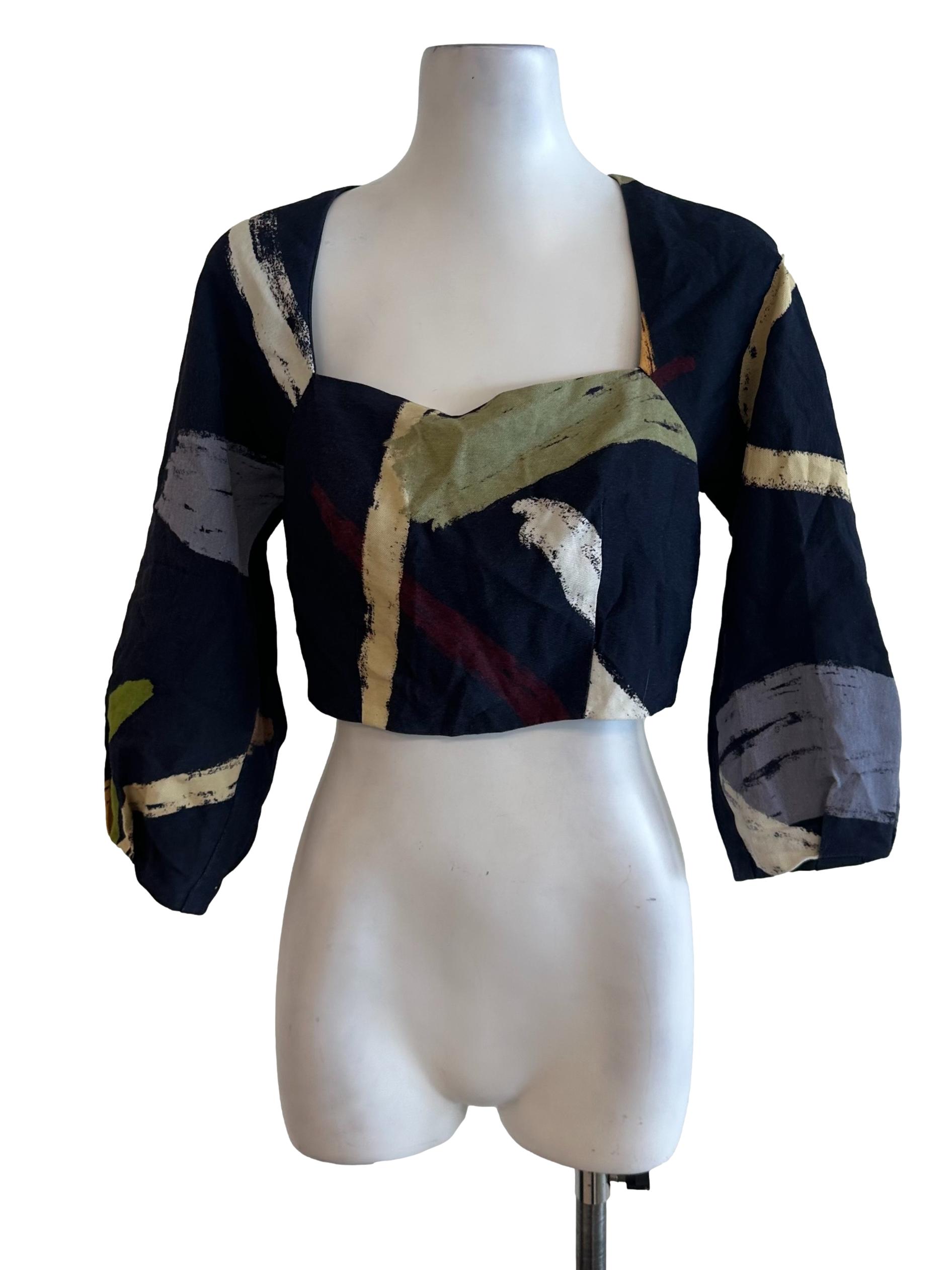 Navy Blue Pattern Long Sleeve Crop Top OSN
