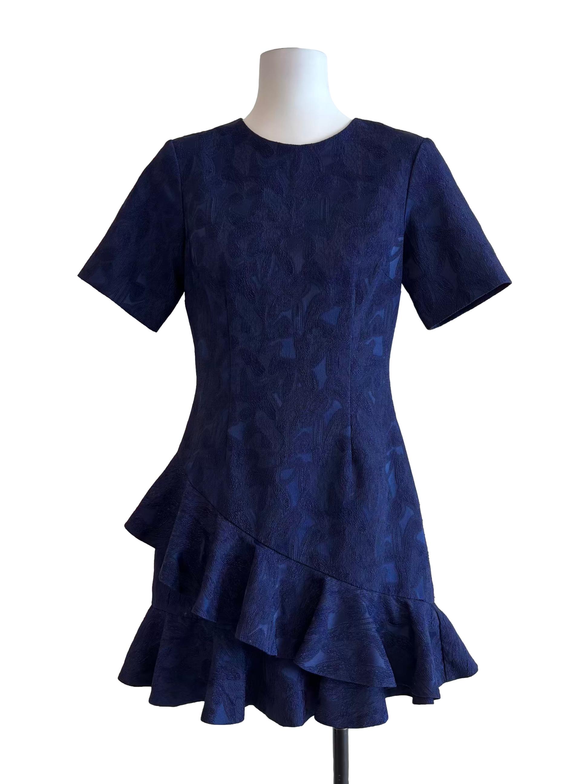 Navy Blue Short Sleeve Ruffle Dress