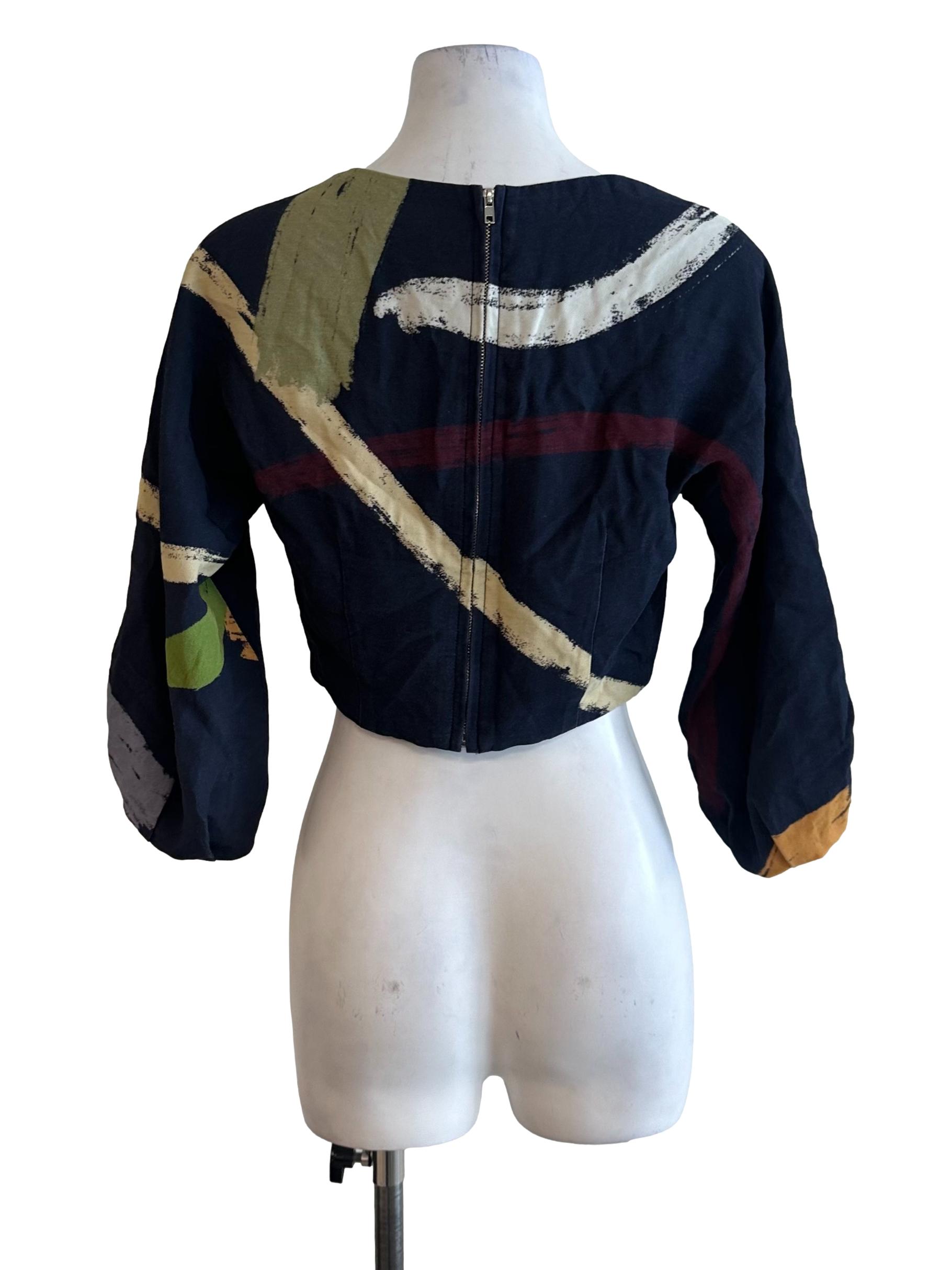 Navy Blue Pattern Long Sleeve Crop Top OSN